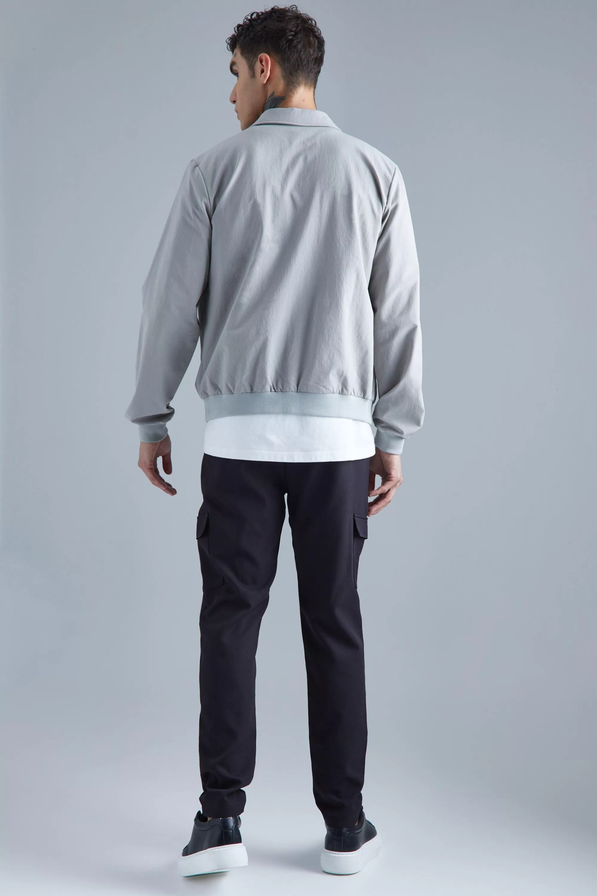 boohooMAN Technical Stretch Harrington With Patch Pockets | UK