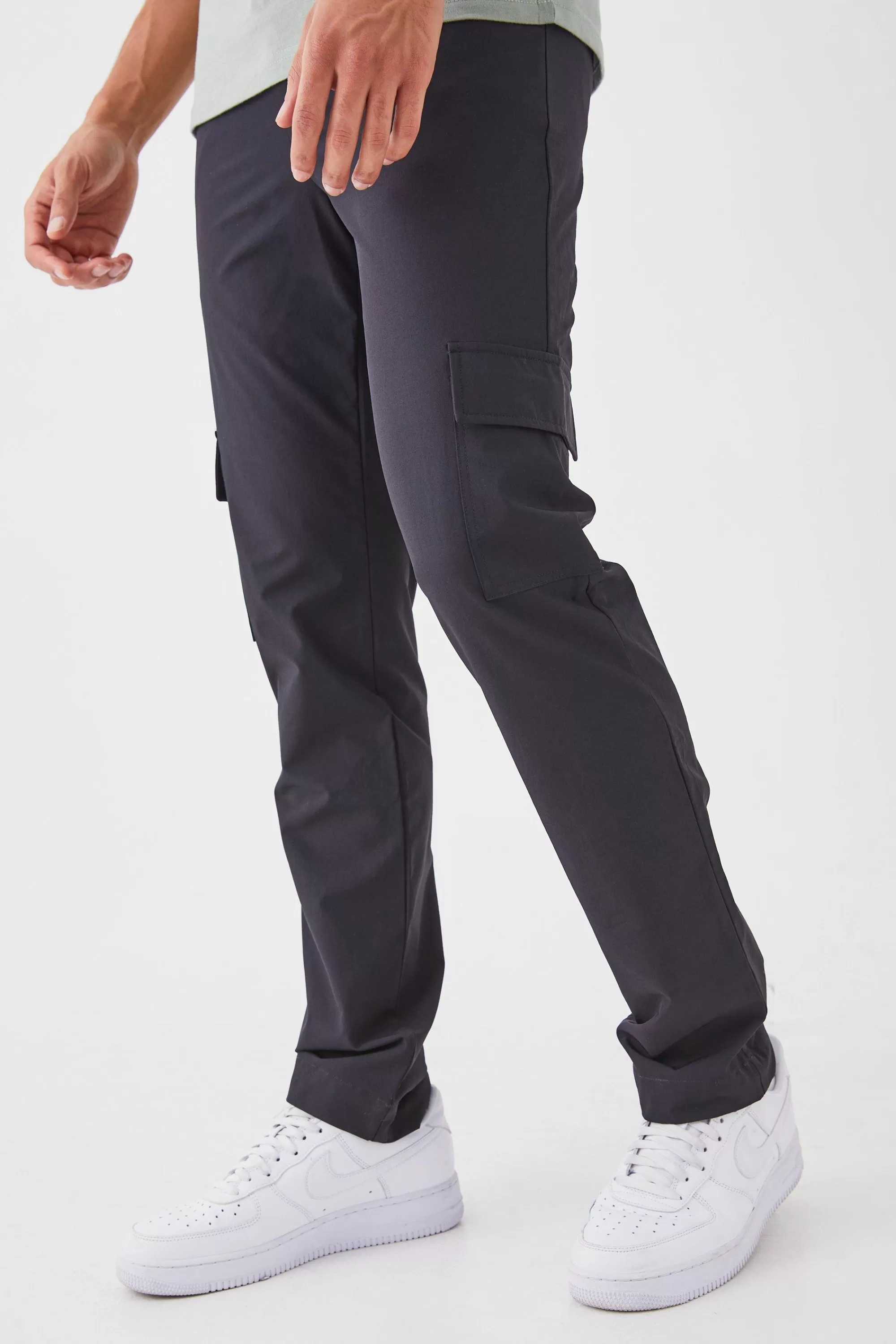 boohooMAN Technical Stretch Tailored Straight Fit Cargo Trousers | UK