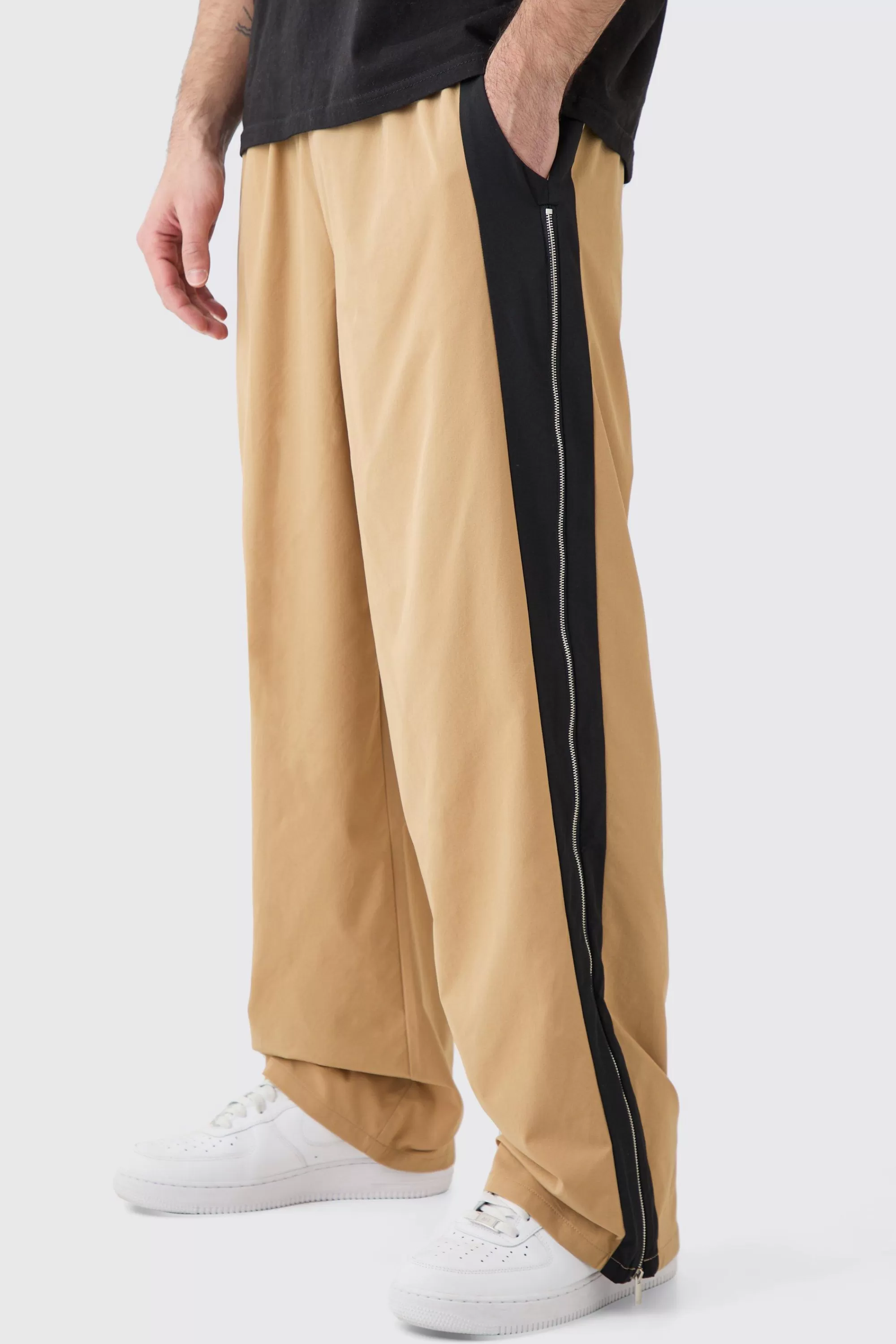 boohooMAN Technical Stretch Zip Gusset Wide Leg Trousers | UK