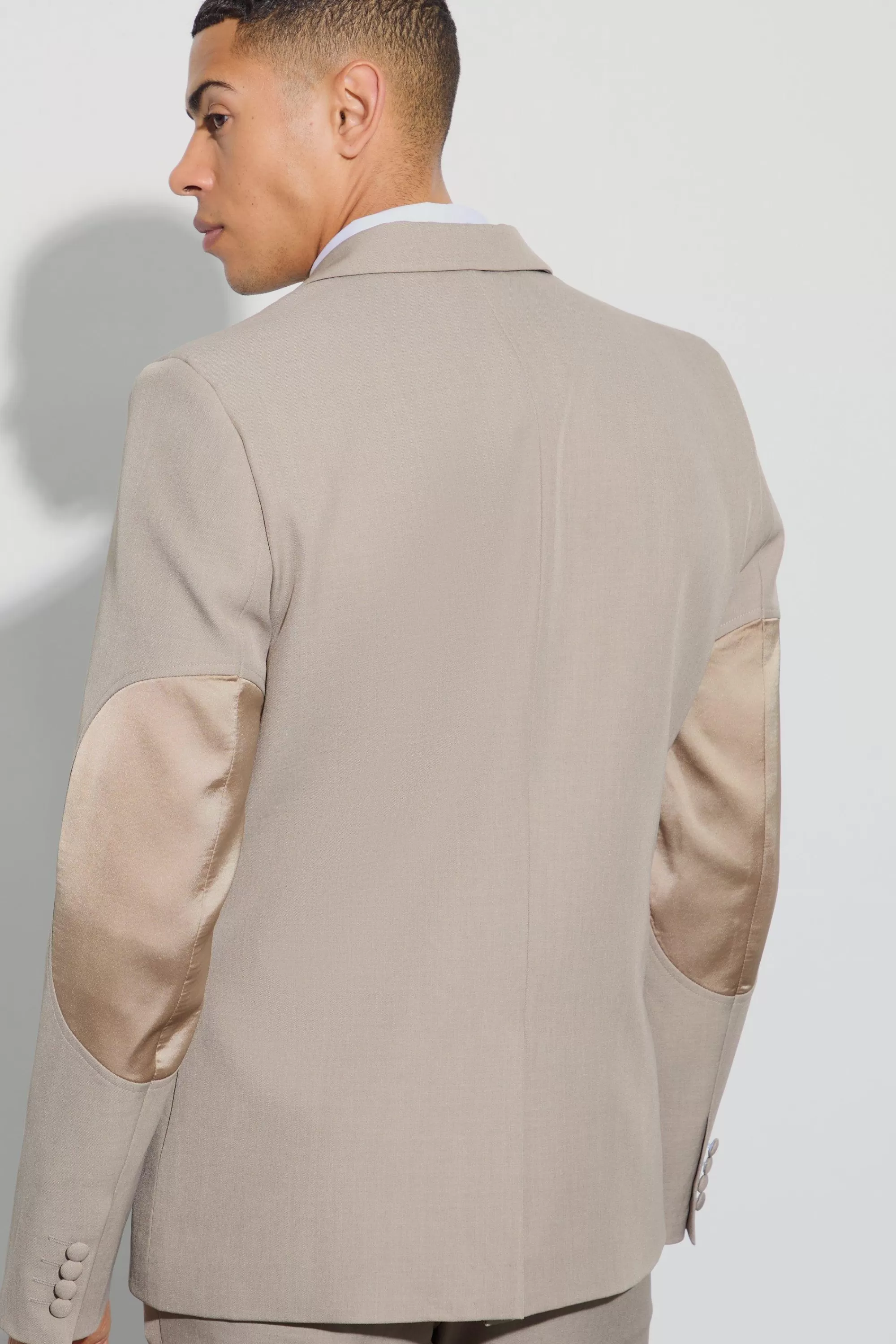 boohooMAN Textured Double Breasted Elbow Patch Blazer | UK
