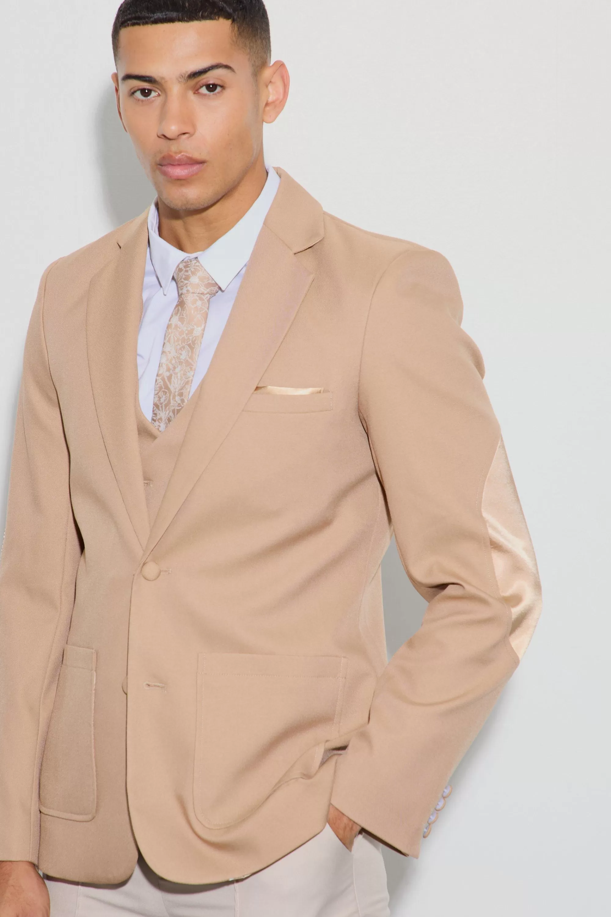 boohooMAN Textured Elbow Patch Slim Fit Blazer & Waistcoat | UK