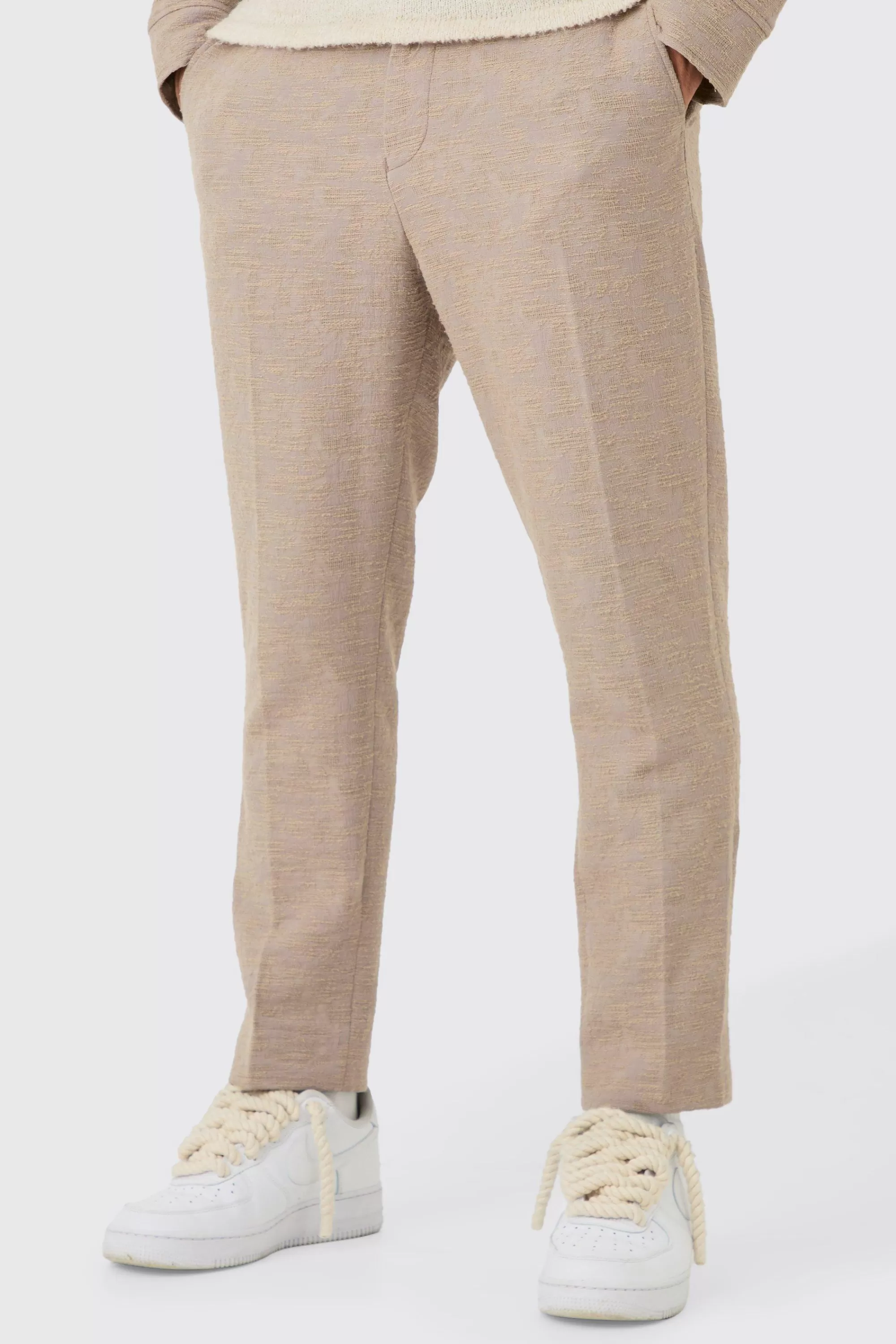 boohooMAN Textured Jacquard Fixed Waist Smart Tapered Trousers | UK