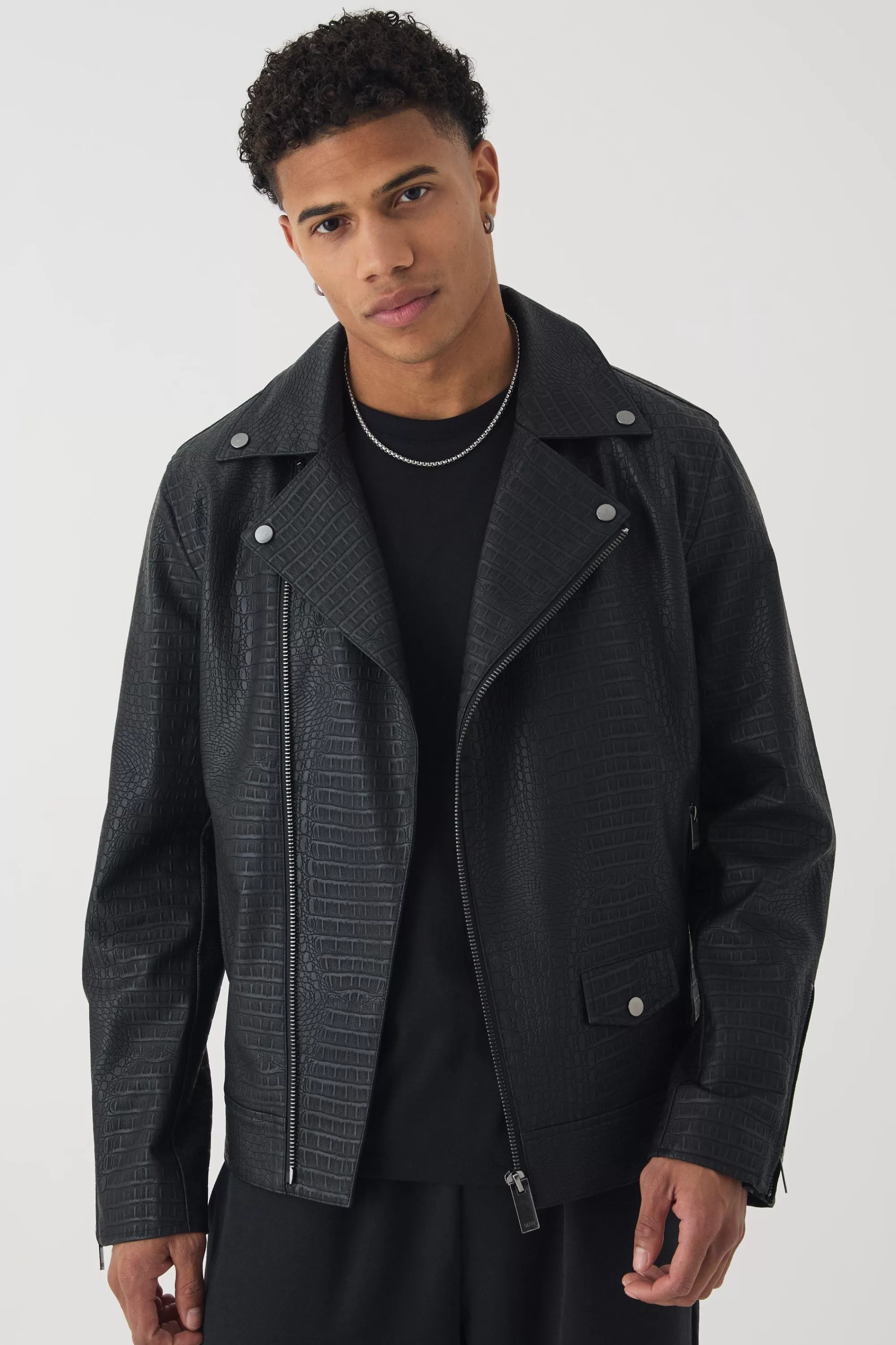 boohooMAN Textured PU Biker Jacket In | UK