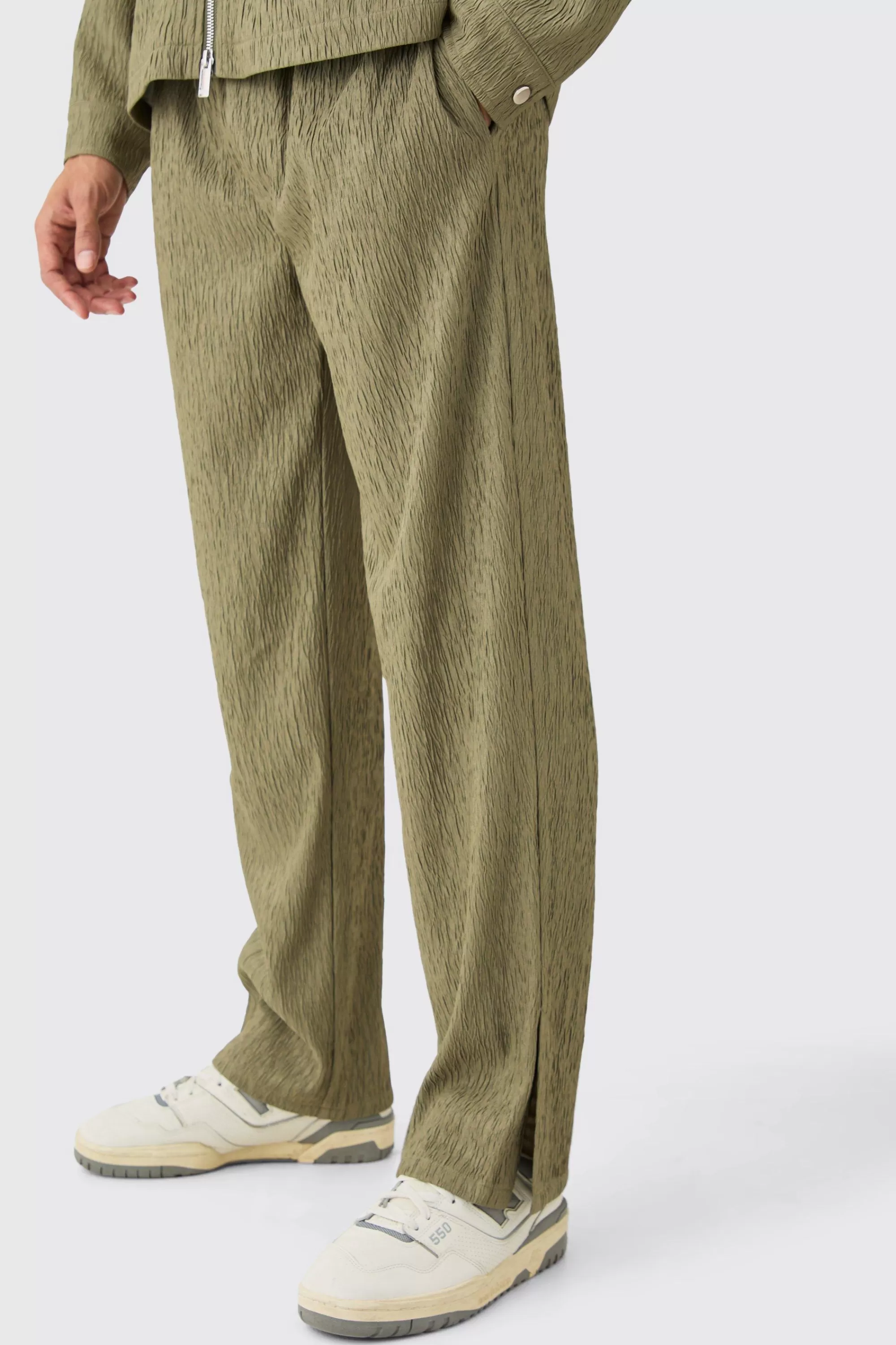 boohooMAN Textured Satin Elasticated Waist Split Hem Trousers | UK