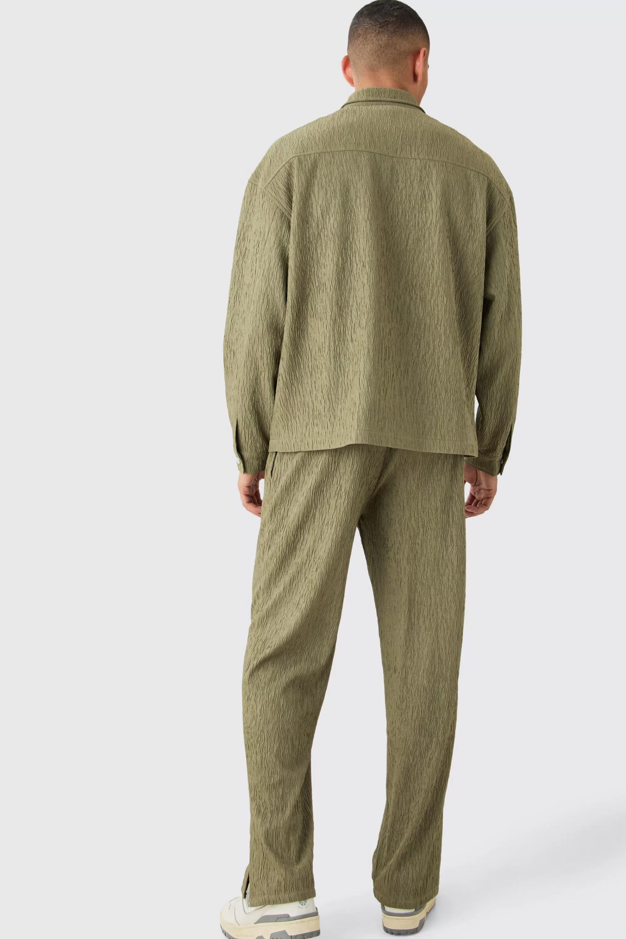 boohooMAN Textured Satin Elasticated Waist Split Hem Trousers | UK
