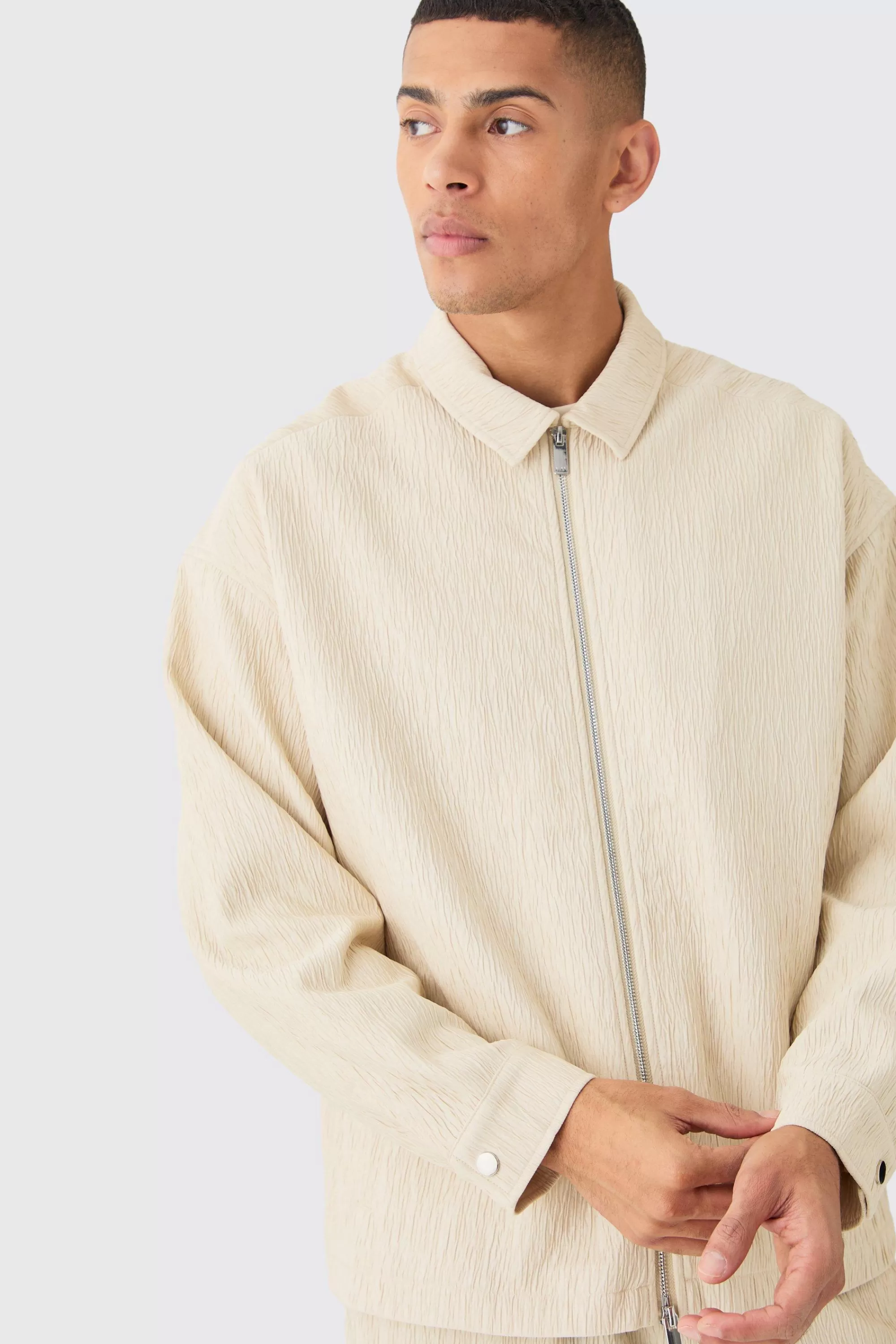 boohooMAN Textured Satin Regular Fit Zip Up Harrington Jacket | UK