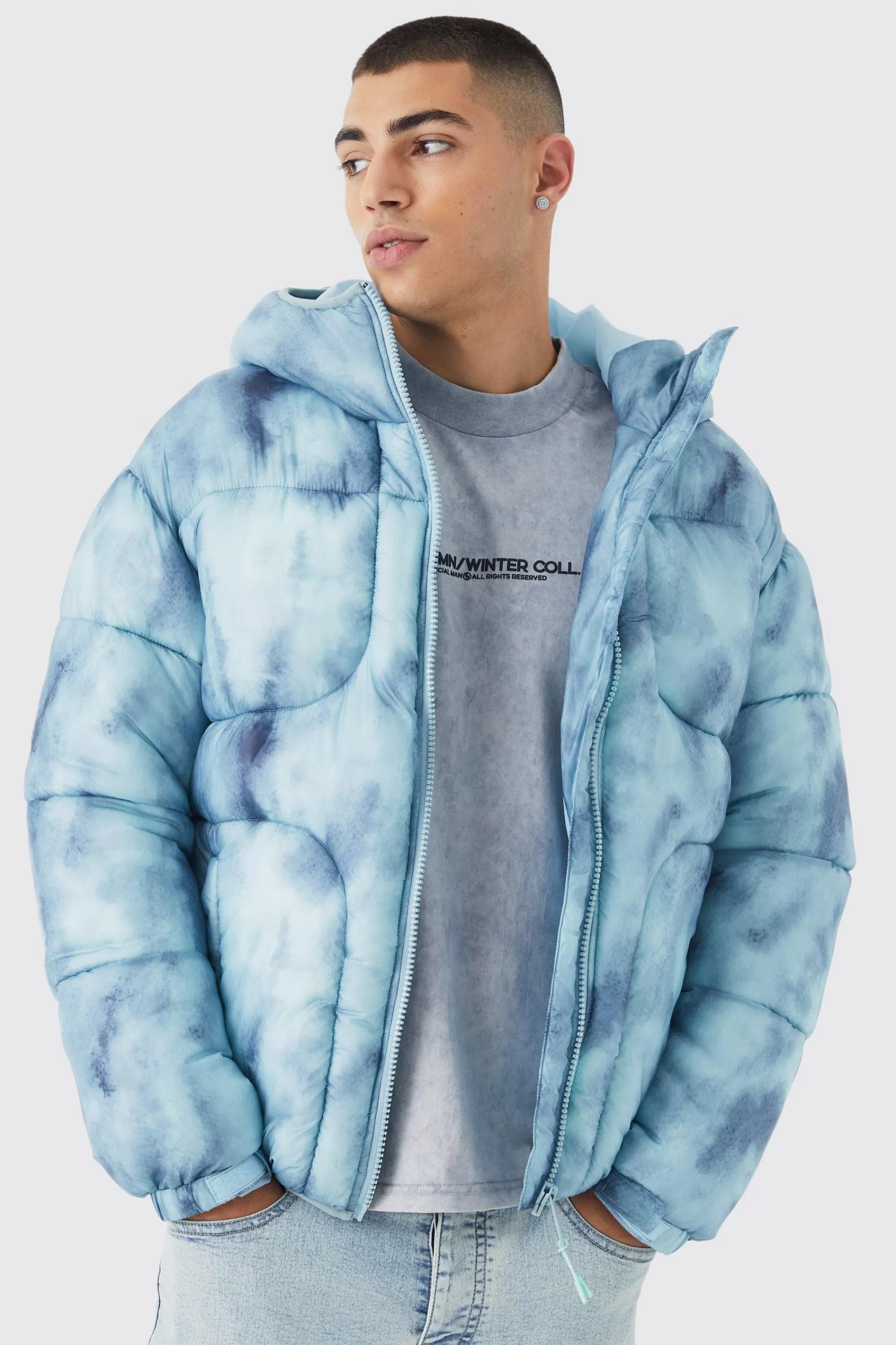 boohooMAN Tie Dye Quilted Puffer With Hood | UK