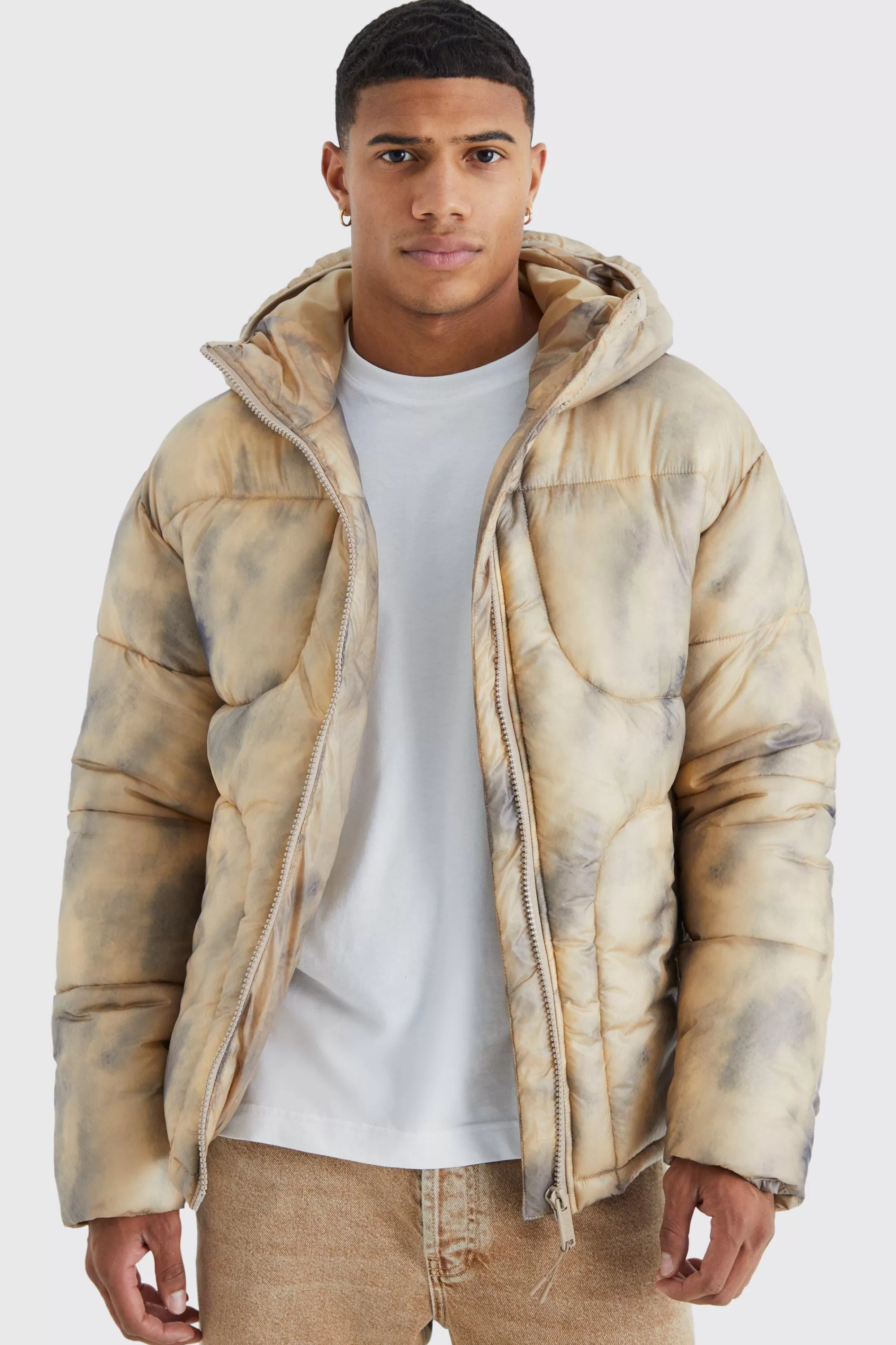 boohooMAN Tie Dye Quilted Puffer With Hood | UK