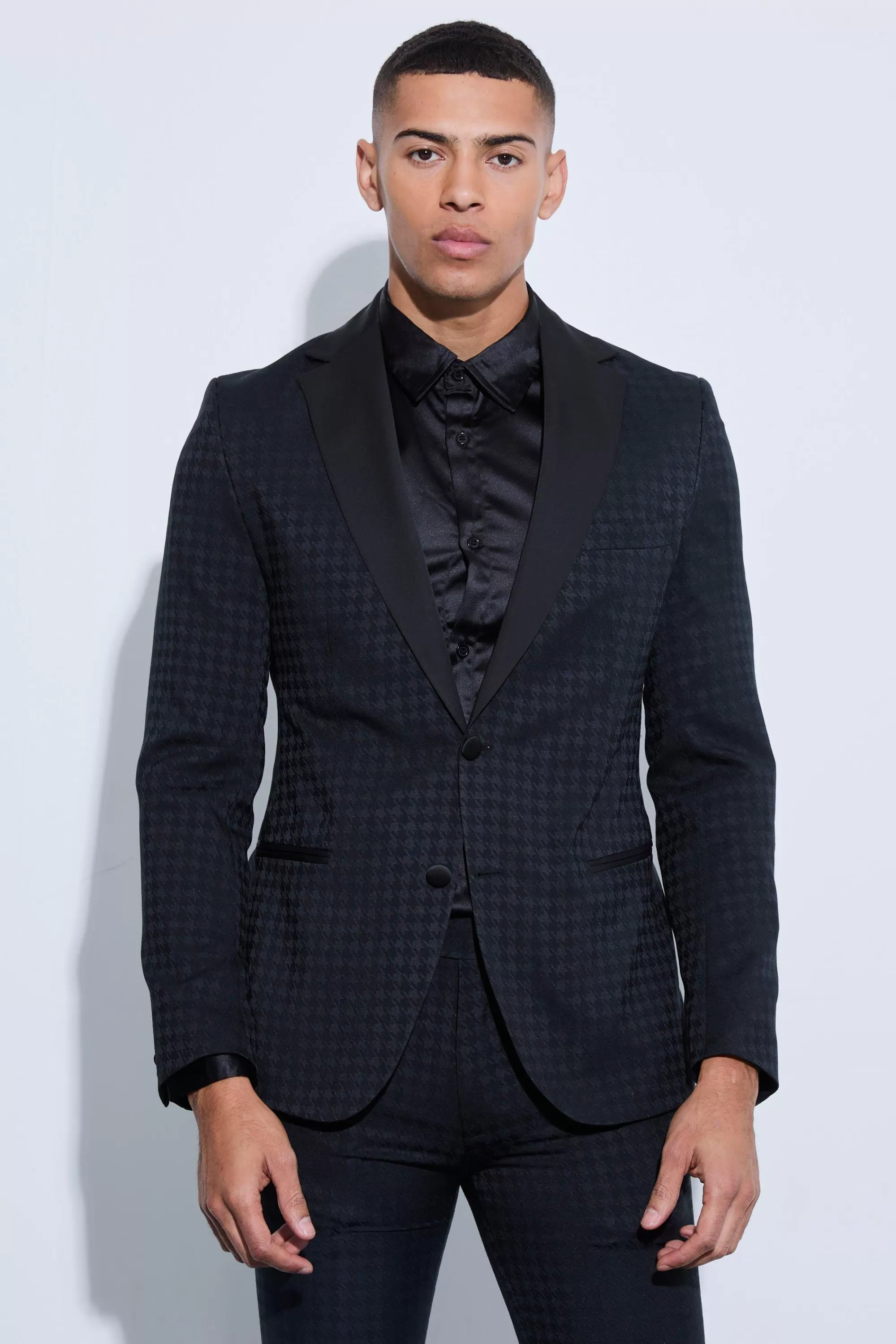 boohooMAN Tonal Houndstooth Single Breasted Jacket | UK