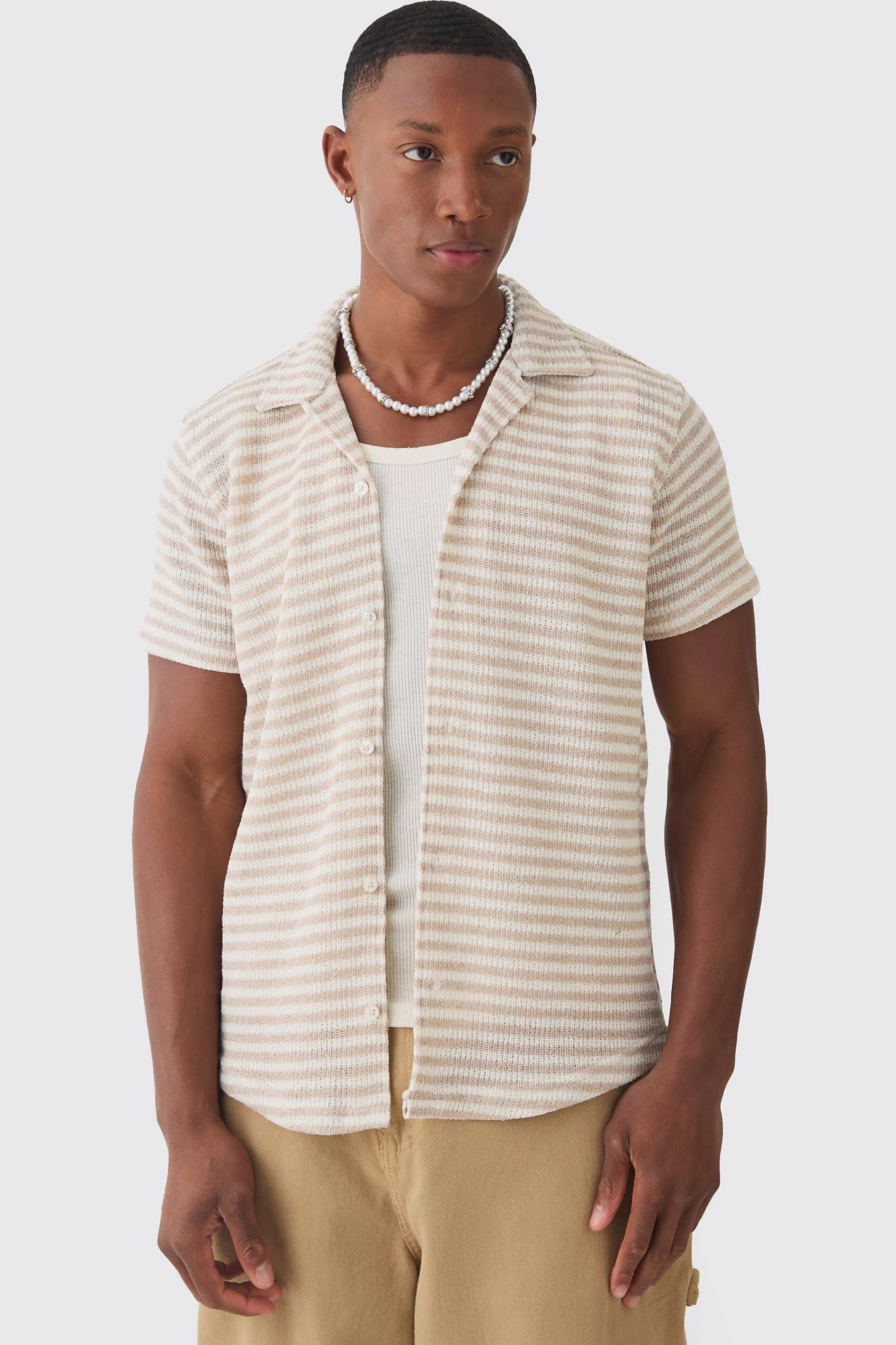 boohooMAN Tonal Stripe Open Stitch Resort Shirt | UK