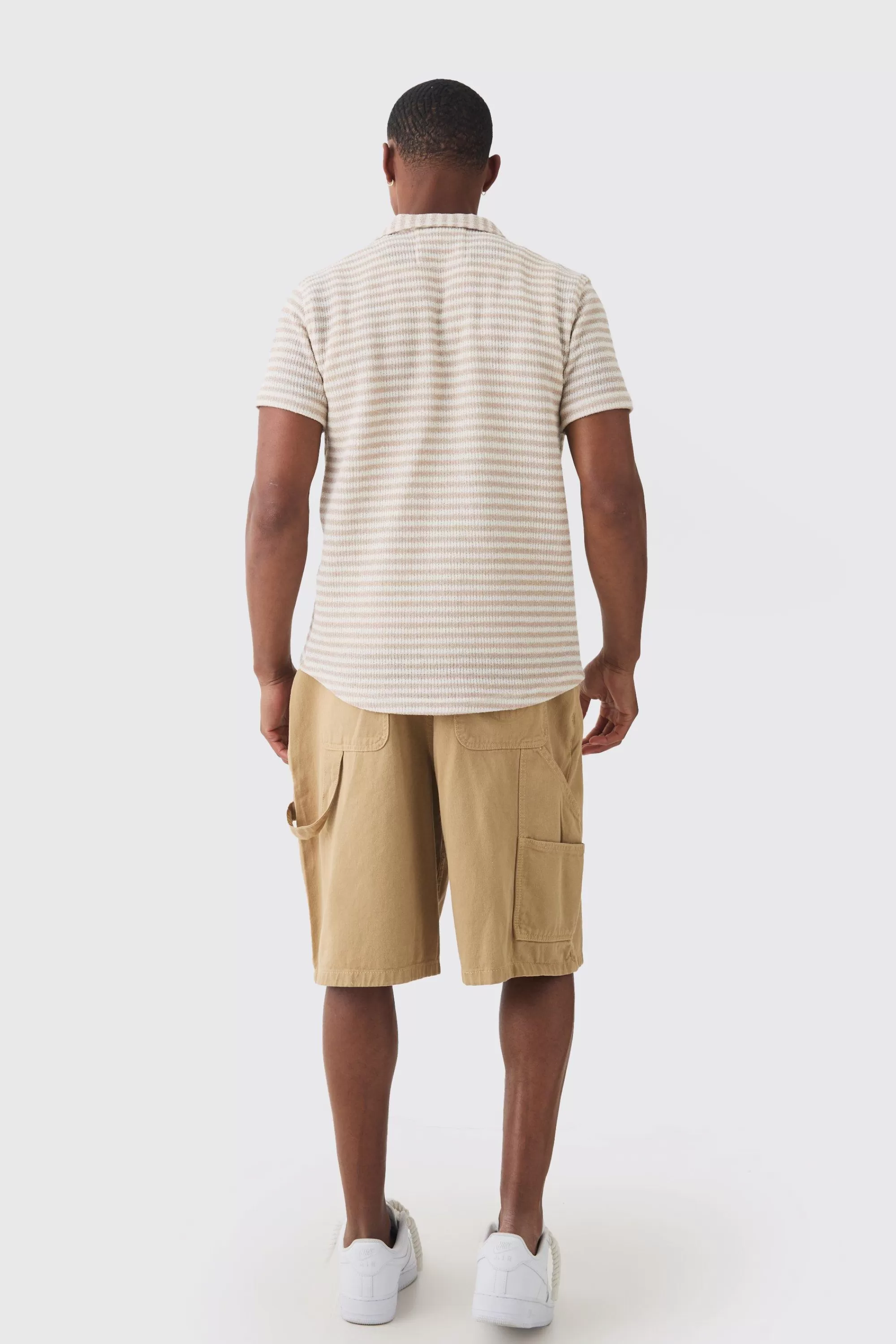 boohooMAN Tonal Stripe Open Stitch Resort Shirt | UK