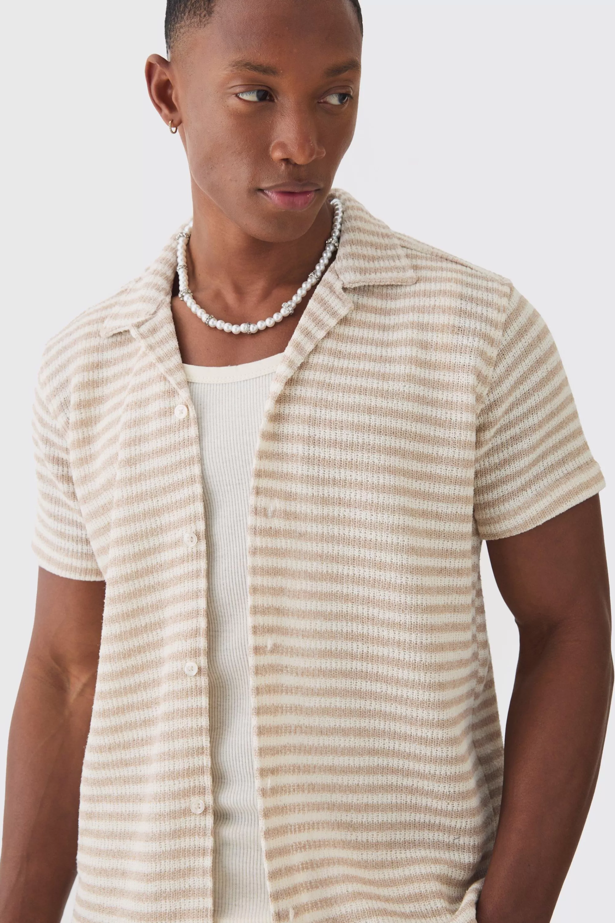 boohooMAN Tonal Stripe Open Stitch Resort Shirt | UK
