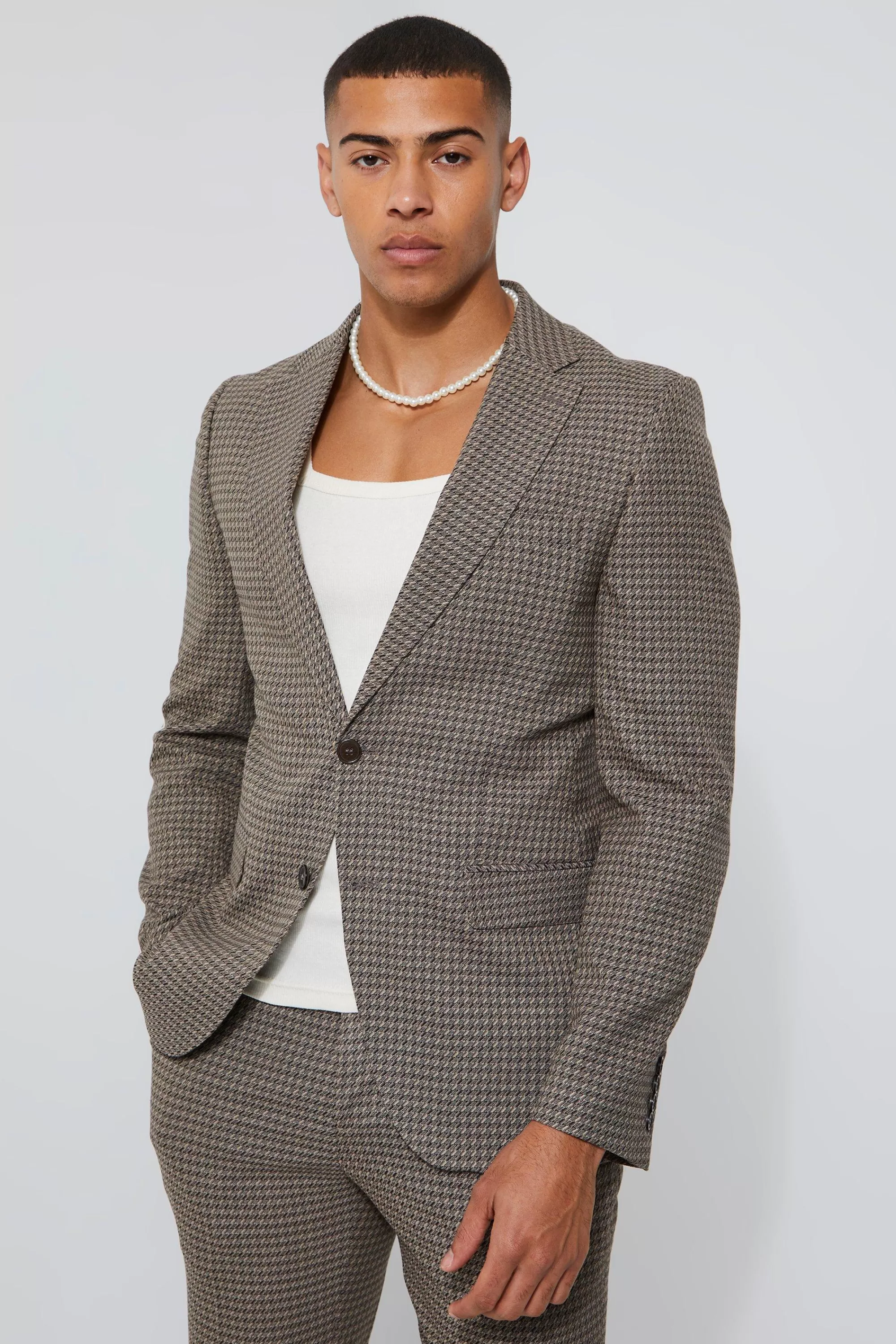 boohooMAN Toosii Skinny Single Breasted Dogstooth Suit Jacket | UK