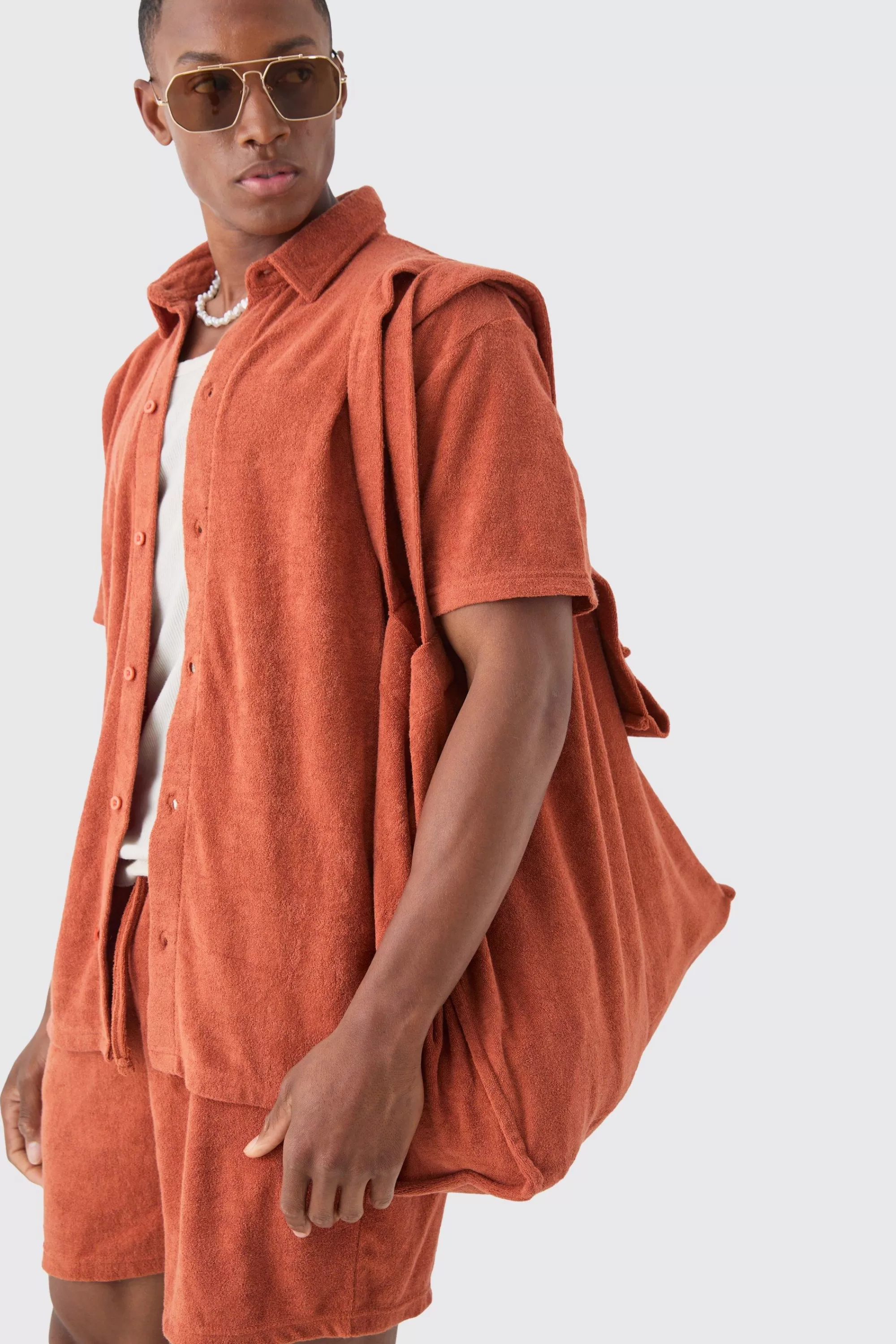boohooMAN Towelling 3 Piece Shirt, Short & Tote Set | UK
