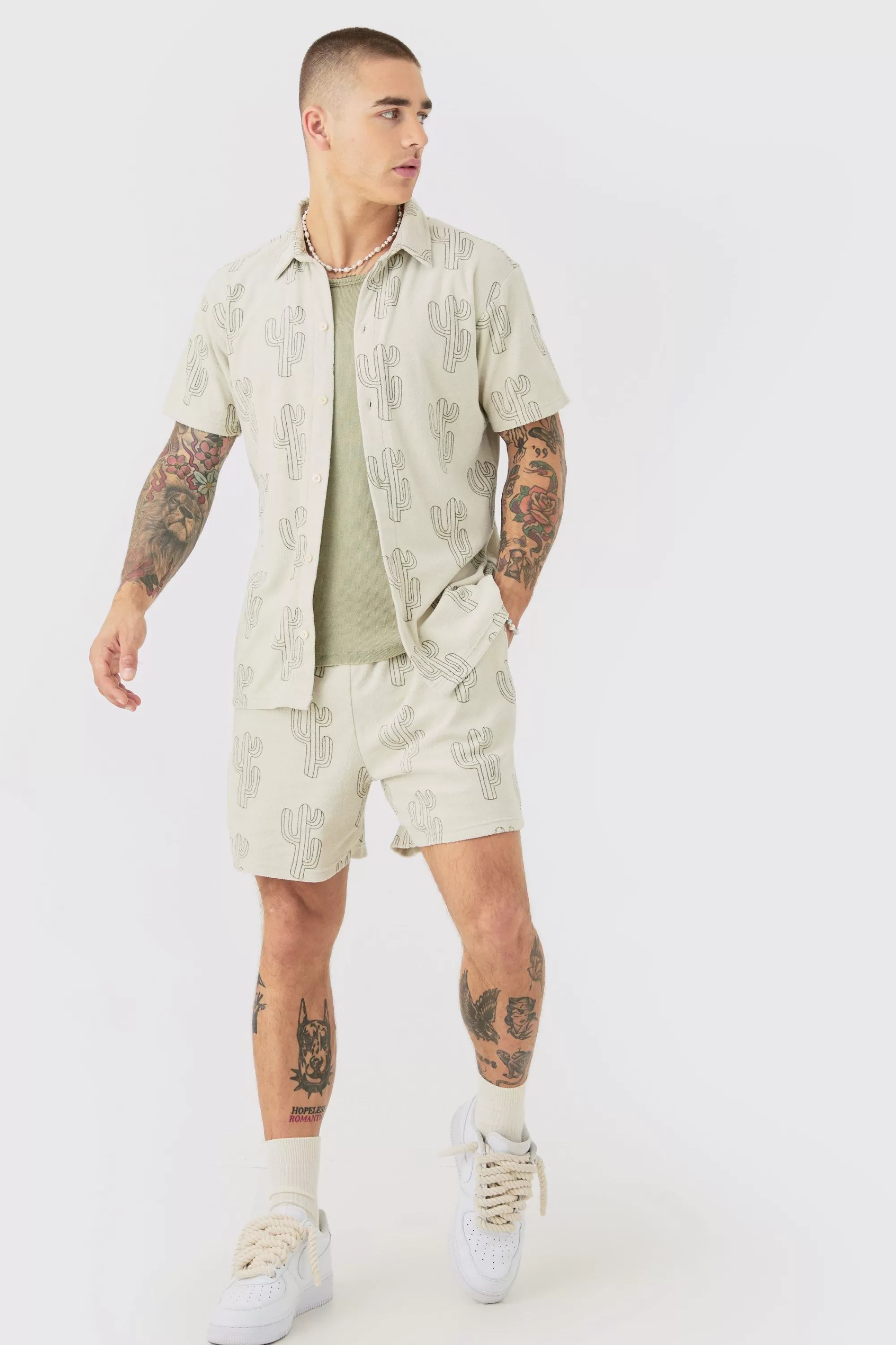 boohooMAN Towelling Cactus Shirt & Short Set | UK