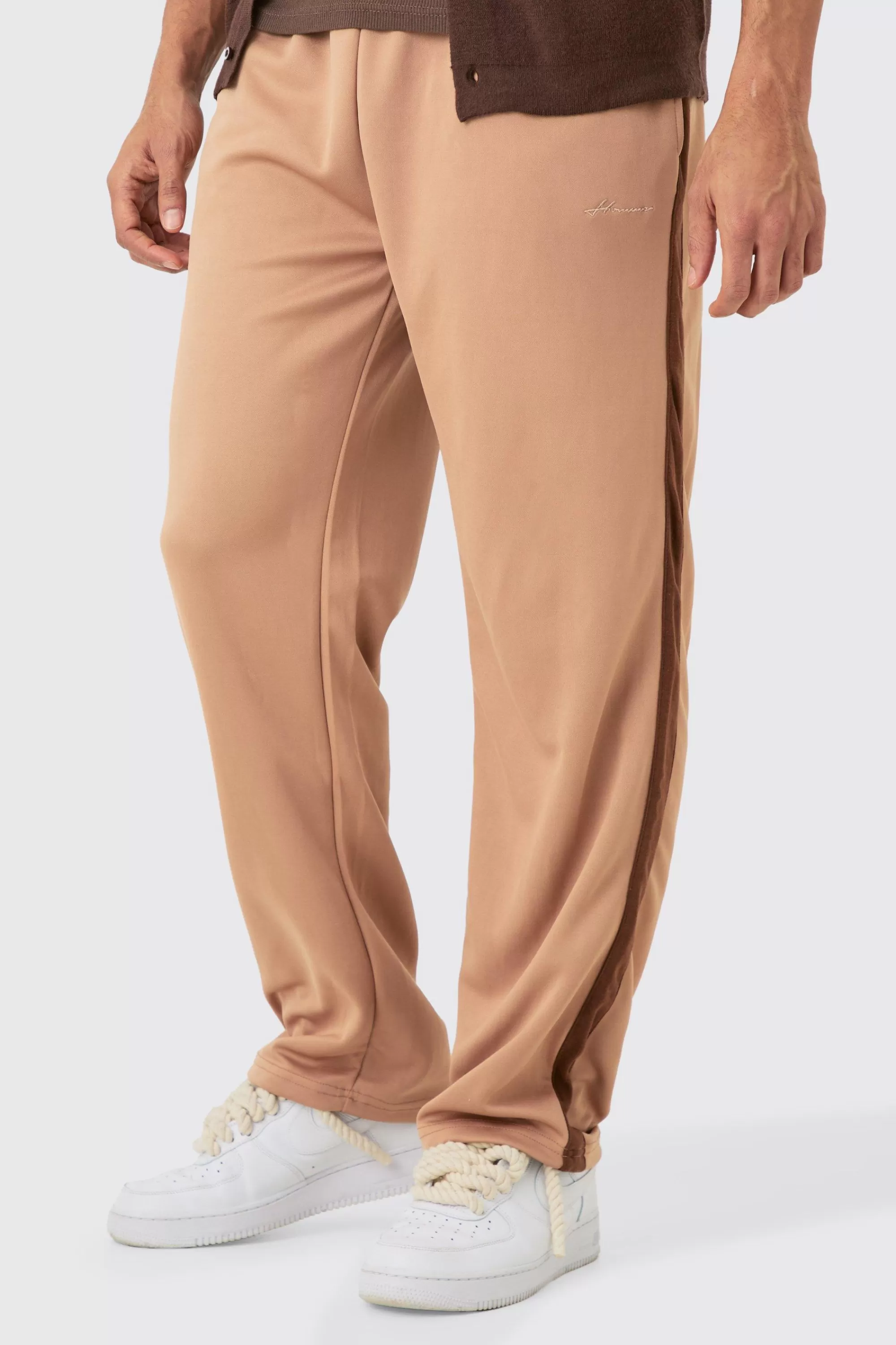boohooMAN Tricot Homme Embroidered Tape Relaxed Joggers | UK