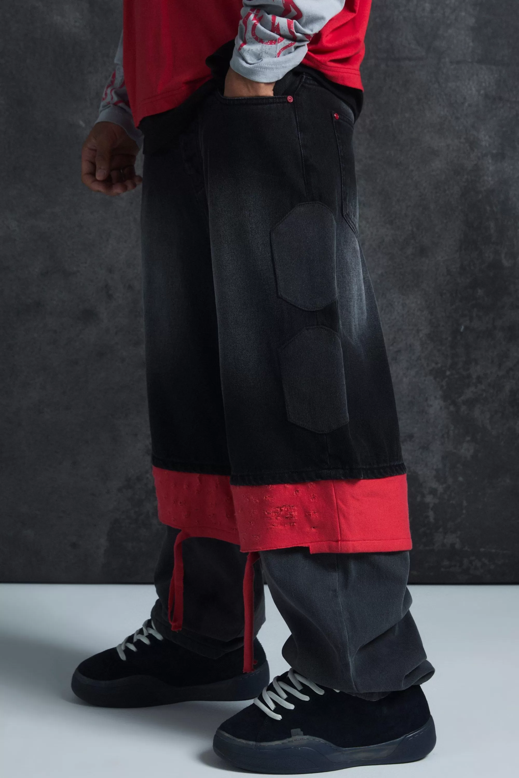boohooMAN Trippie Redd Baggy Rigid Hybrid Layered Denim Jeans | UK