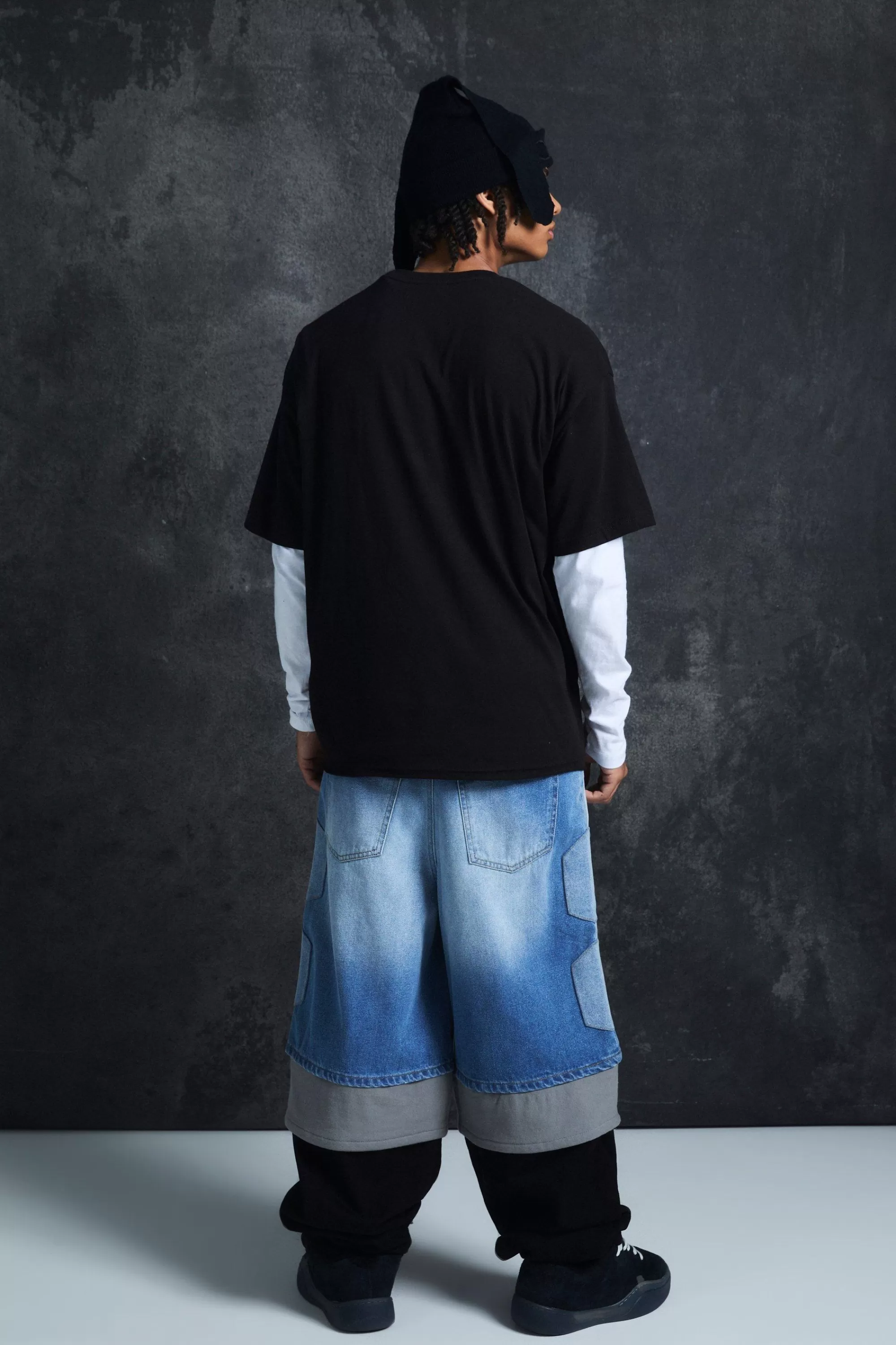 boohooMAN Trippie Redd Baggy Rigid Hybrid Layered Denim Jeans | UK