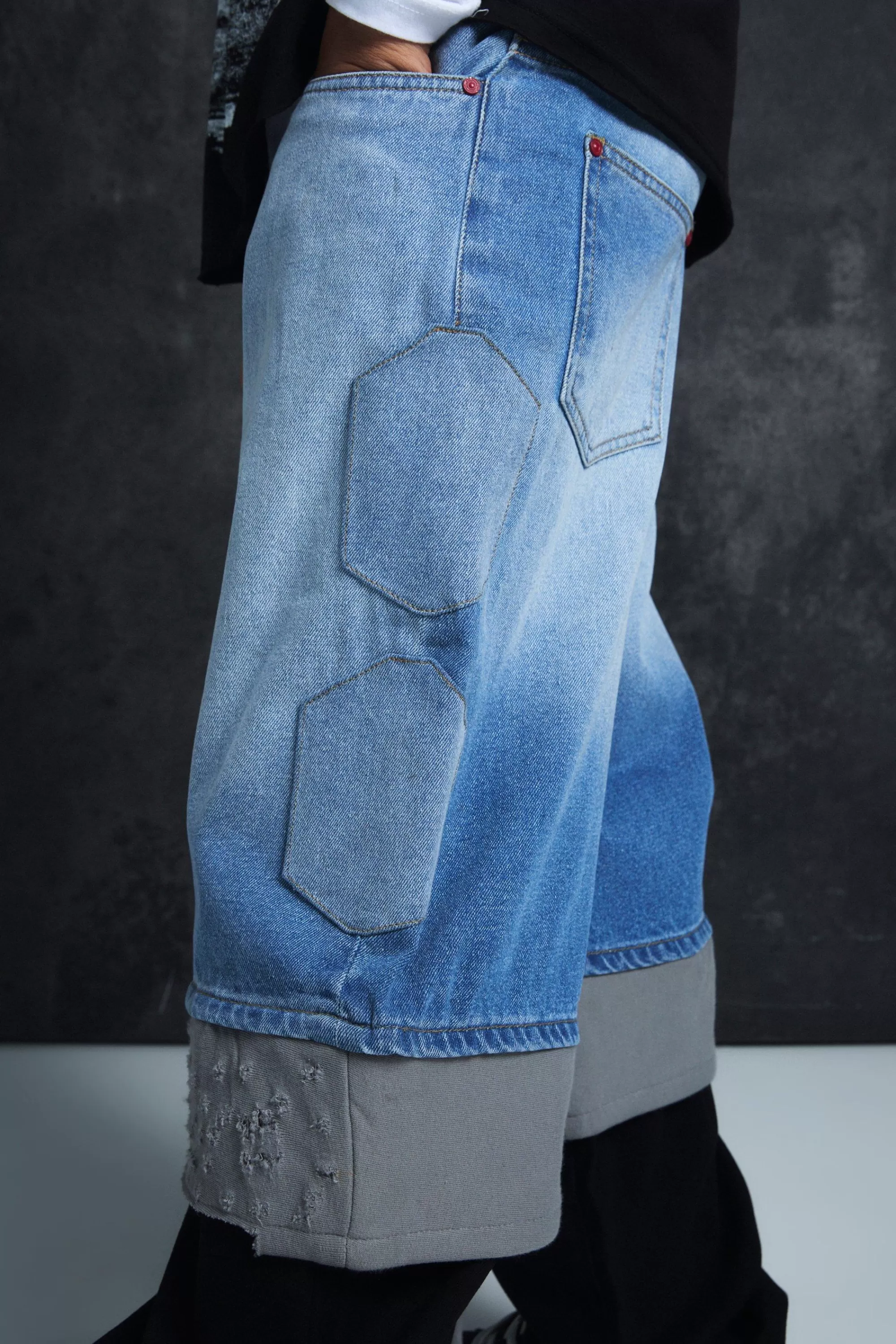boohooMAN Trippie Redd Baggy Rigid Hybrid Layered Denim Jeans | UK
