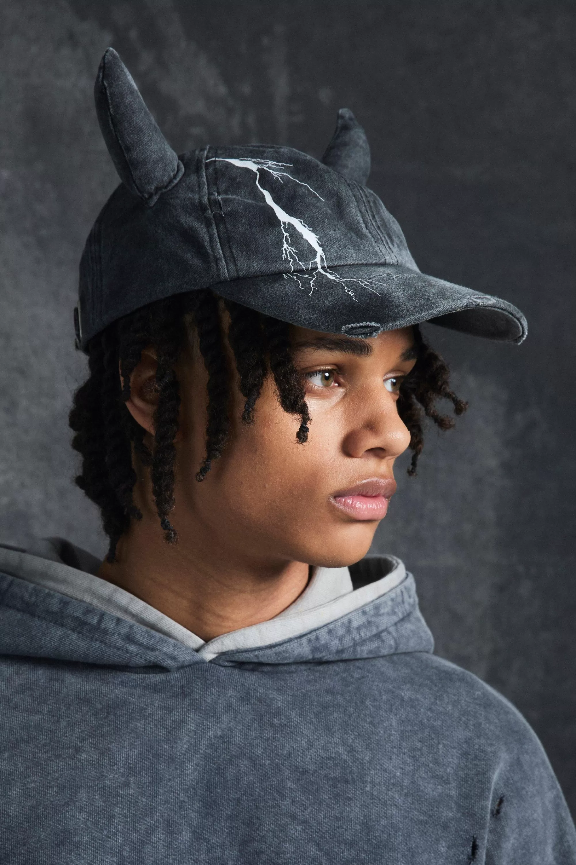 boohooMAN Trippie Redd Graphic Print Distressed Horn Cap In | UK