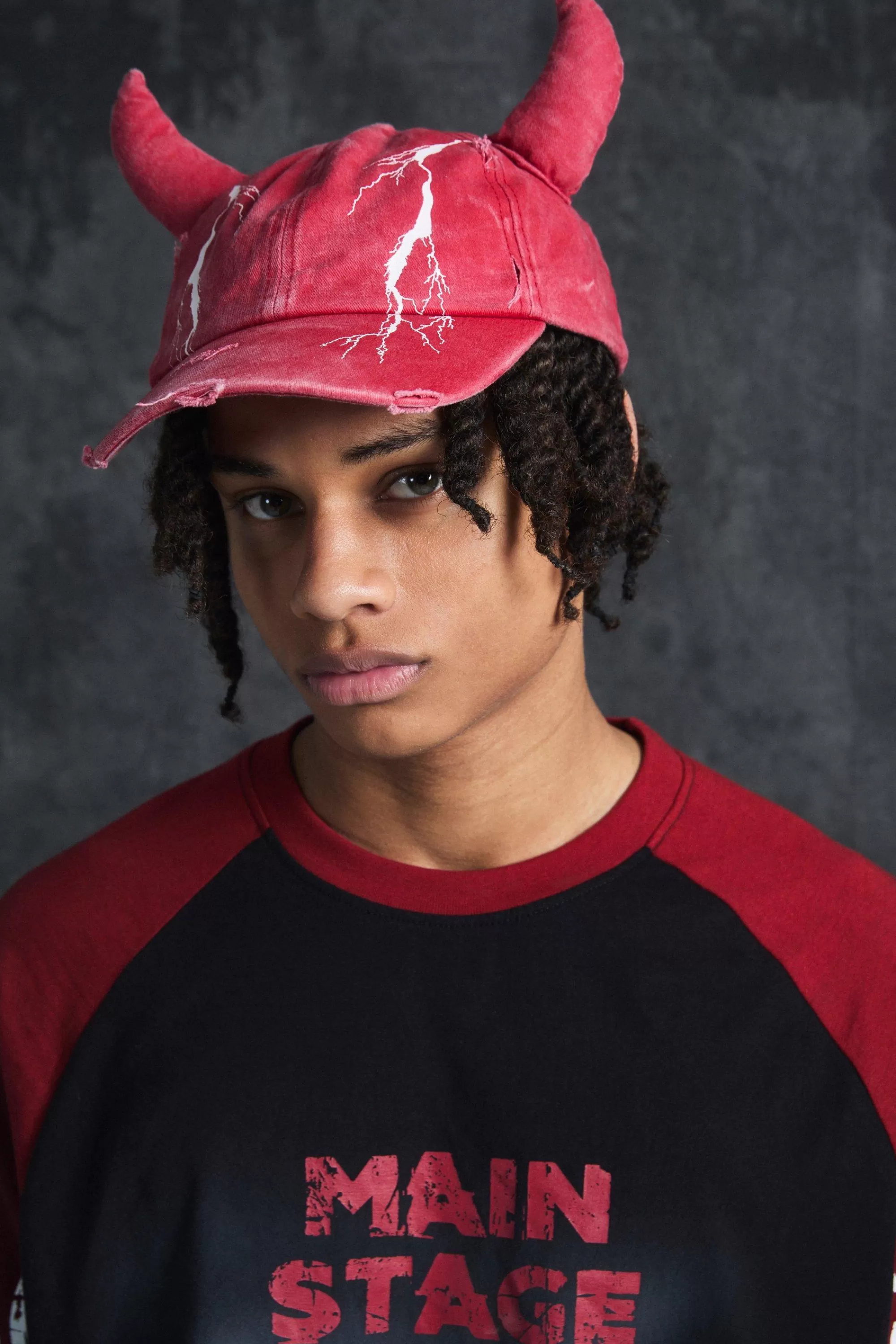 boohooMAN Trippie d Graphic Print Distressed Horn Cap In | UK