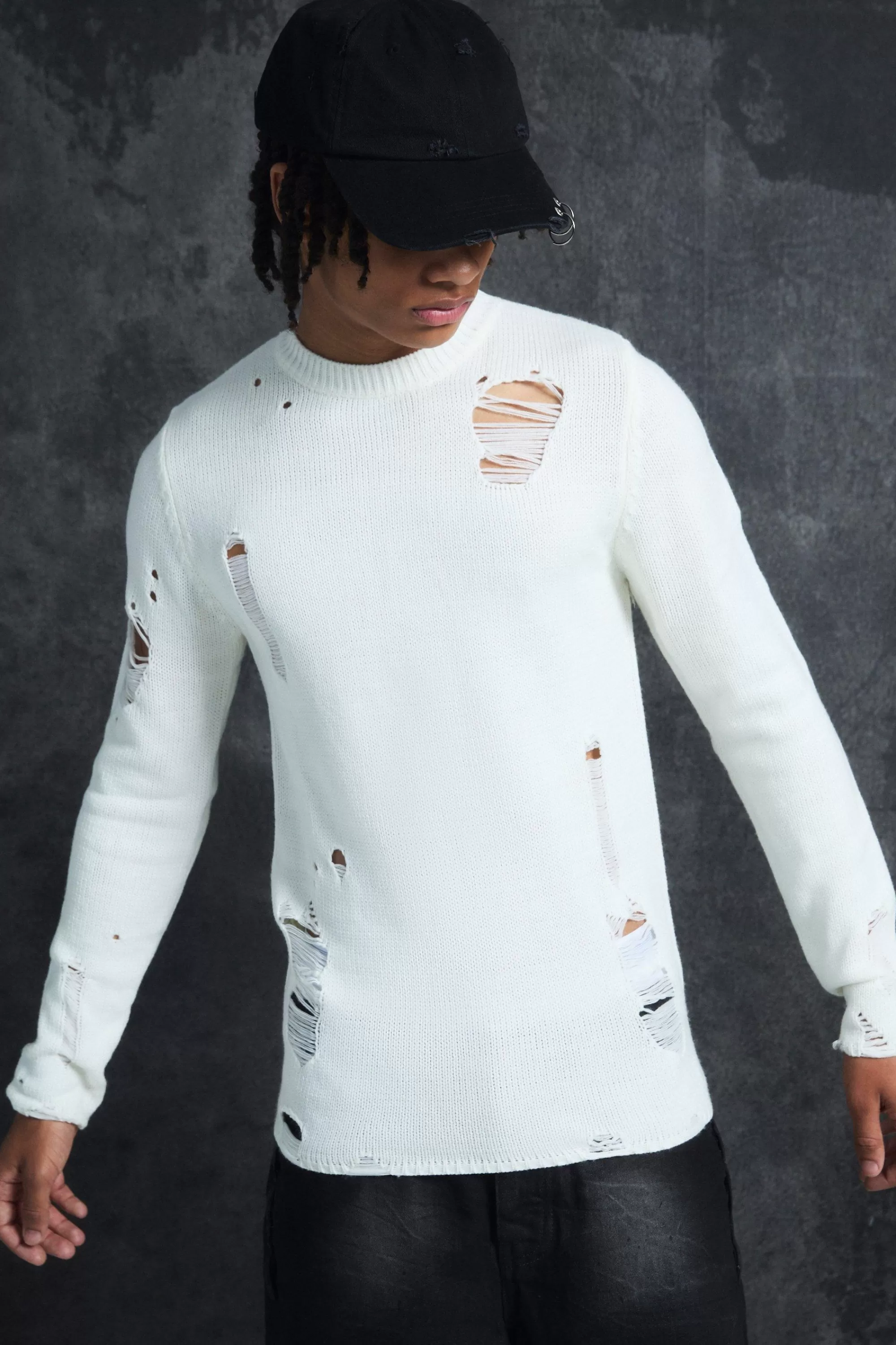 boohooMAN Trippie Redd Muscle Fit Distressed Jumper | UK