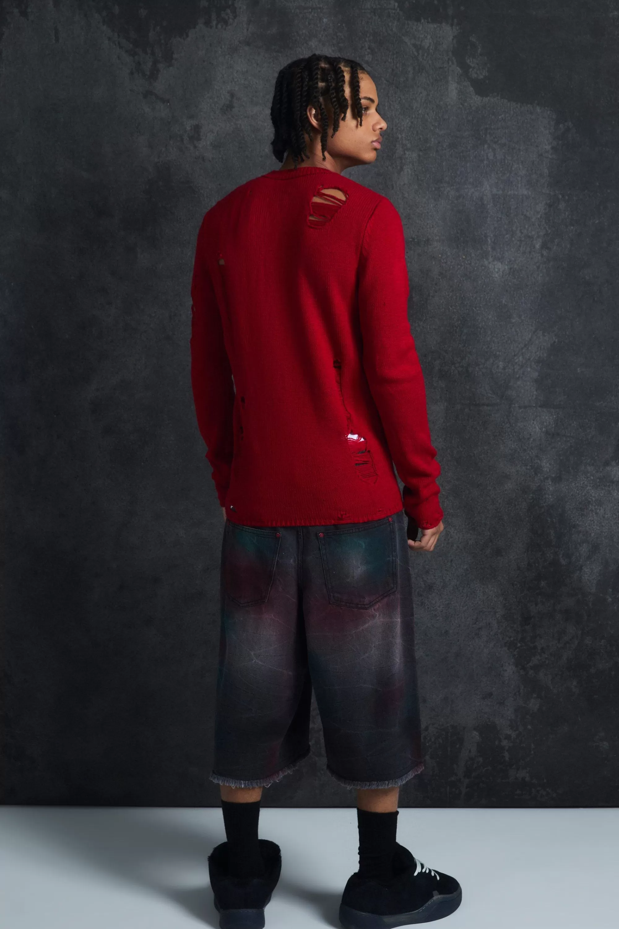 boohooMAN Trippie d Muscle Fit Distressed Jumper | UK