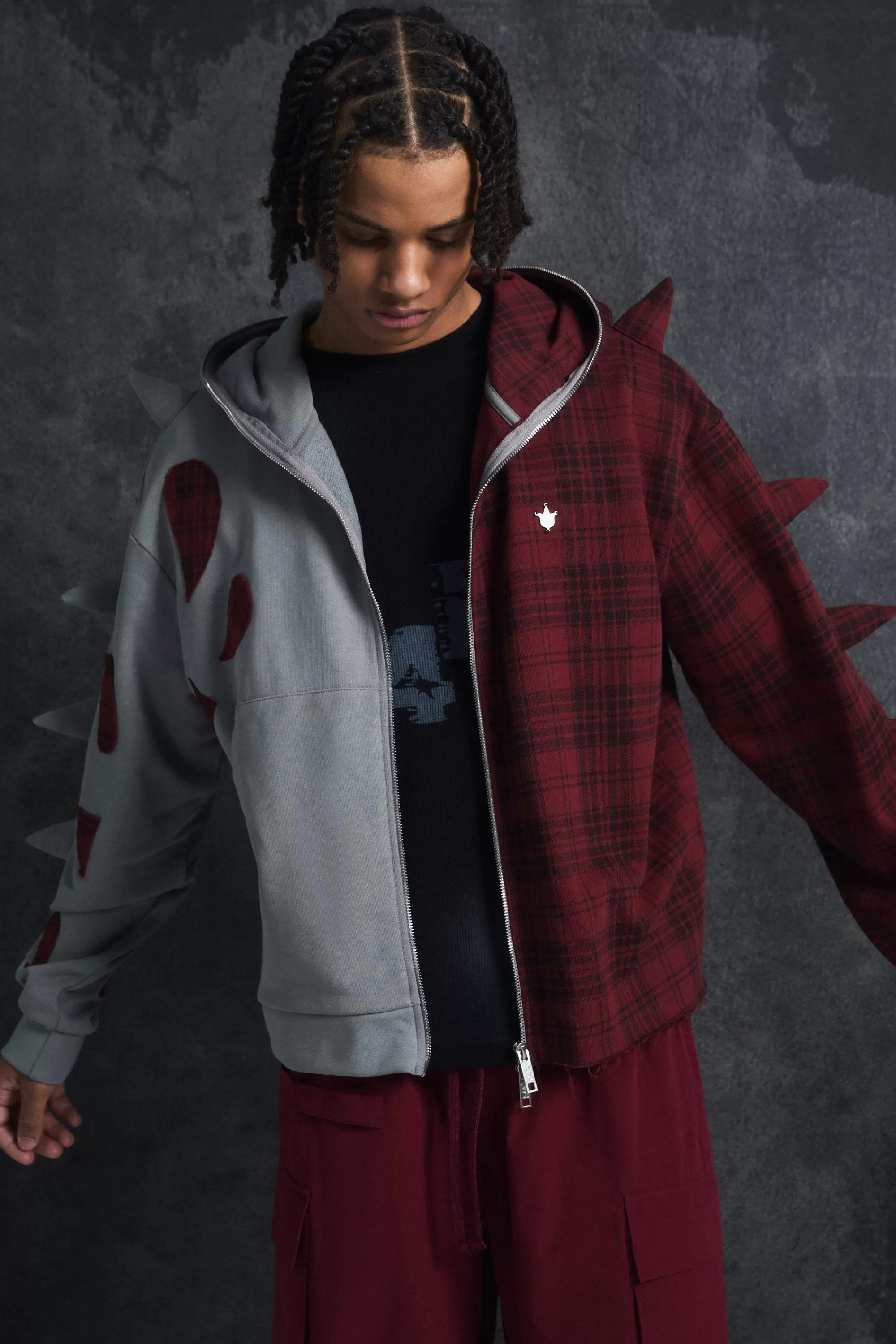 boohooMAN Trippie Redd Oversized Boxy Full Zip Through Spike And Check Hoodie | UK
