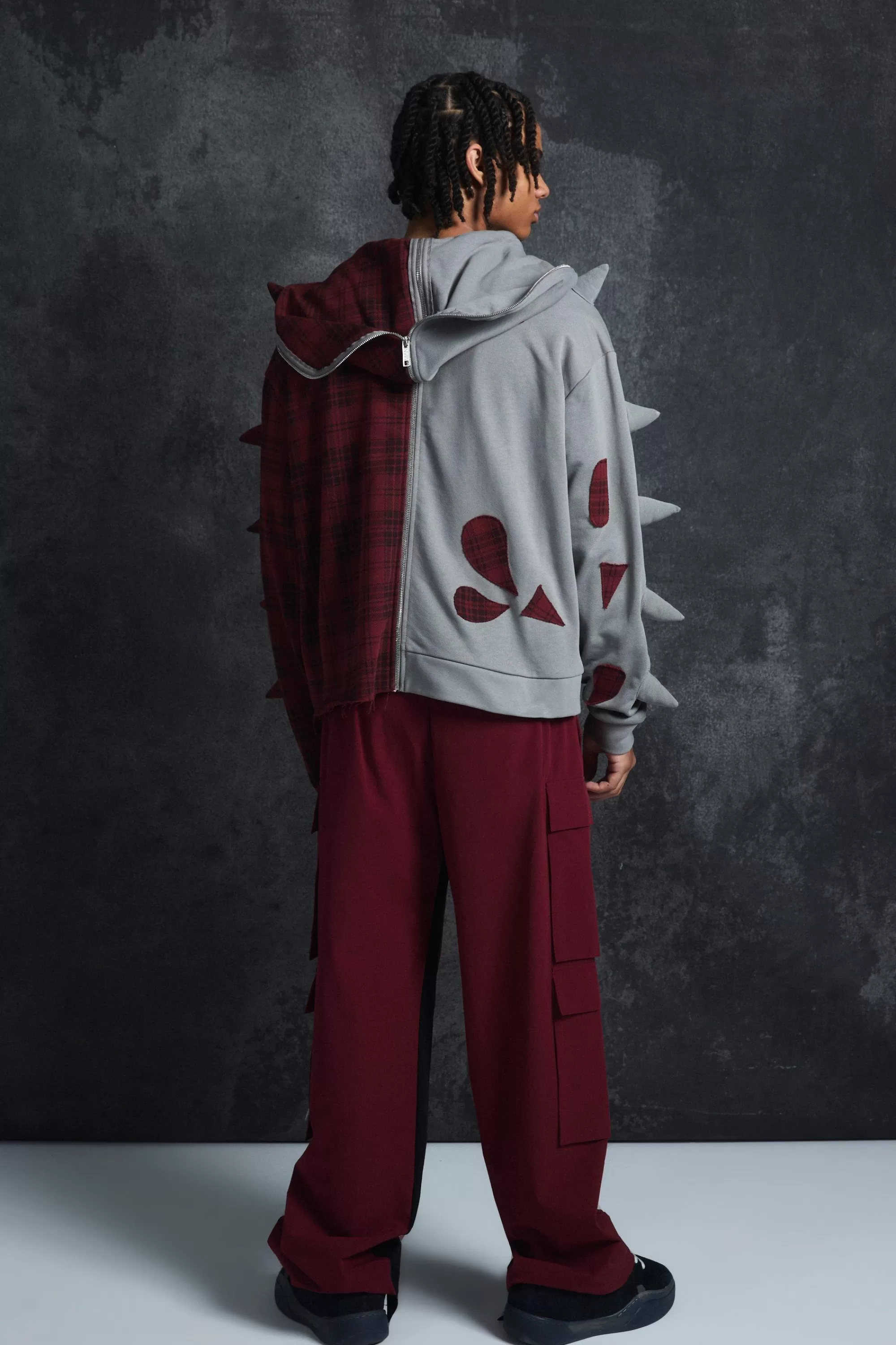 boohooMAN Trippie Redd Oversized Boxy Full Zip Through Spike And Check Hoodie | UK