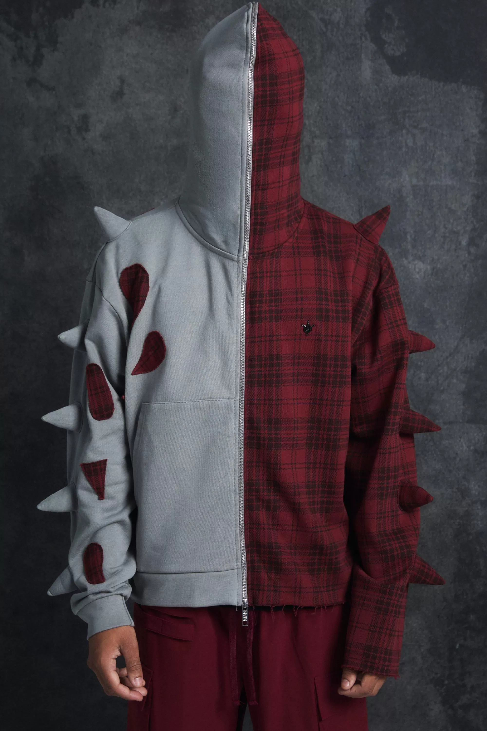 boohooMAN Trippie Redd Oversized Boxy Full Zip Through Spike And Check Hoodie | UK