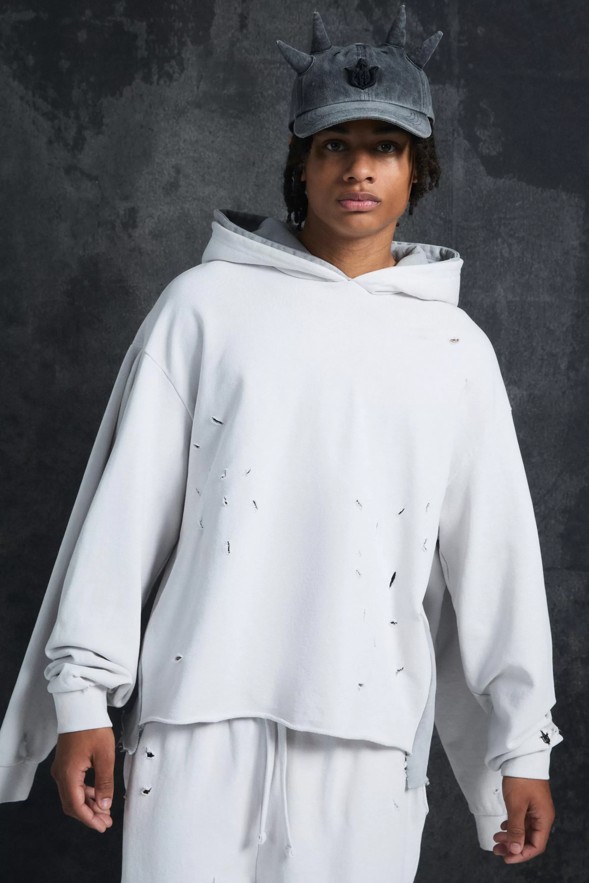 boohooMAN Trippie Redd Oversized Boxy Heavy, Washed & Distressed Hoodie | UK