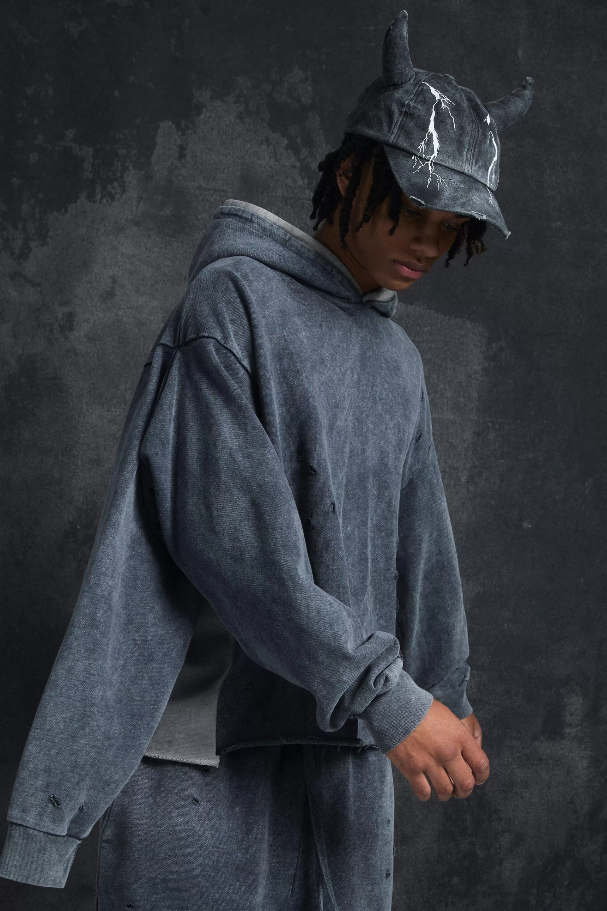 boohooMAN Trippie Redd Oversized Boxy Heavy Washed & Distressed Hoodie | UK