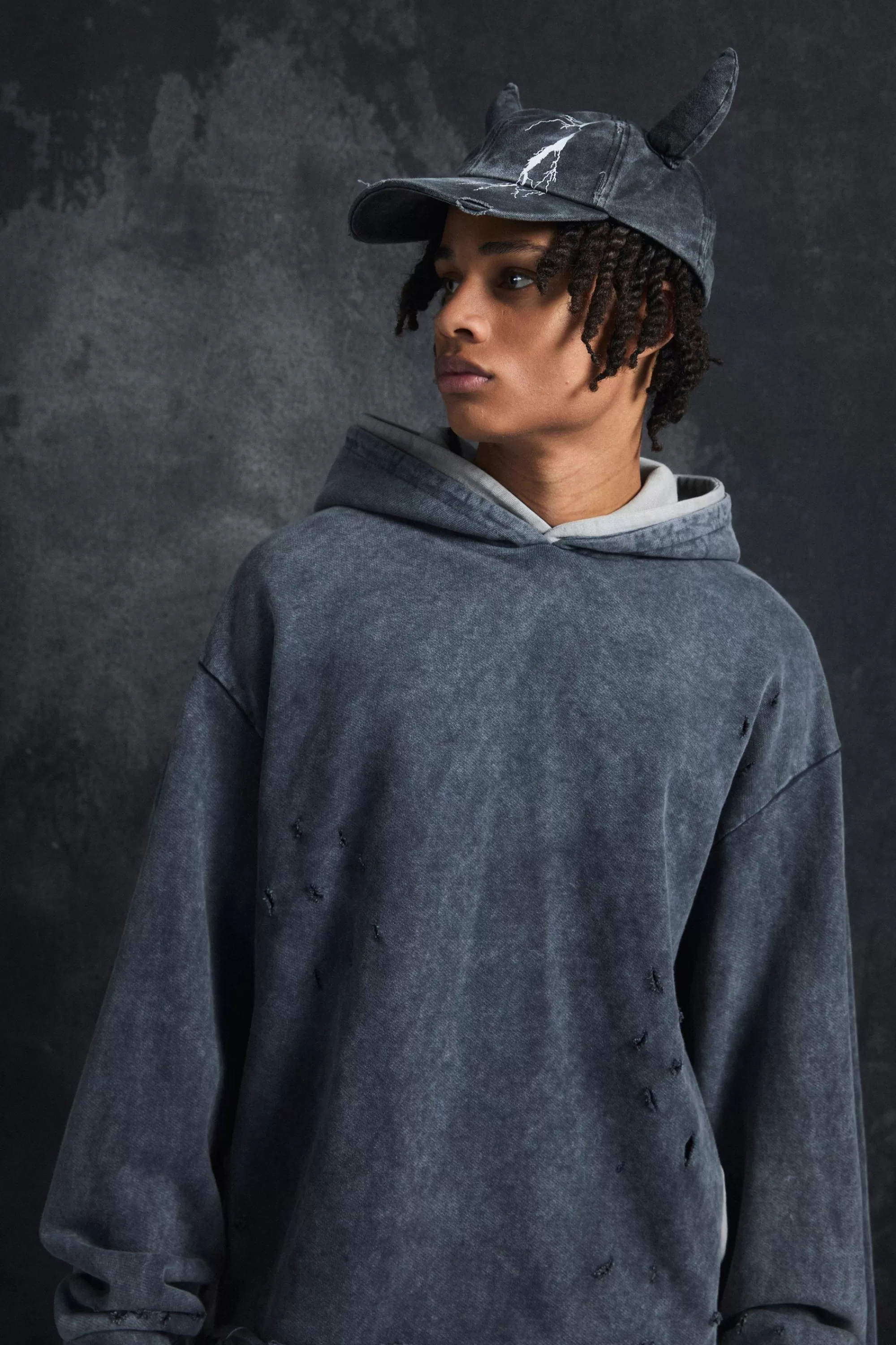 boohooMAN Trippie Redd Oversized Boxy Heavy Washed & Distressed Hoodie | UK
