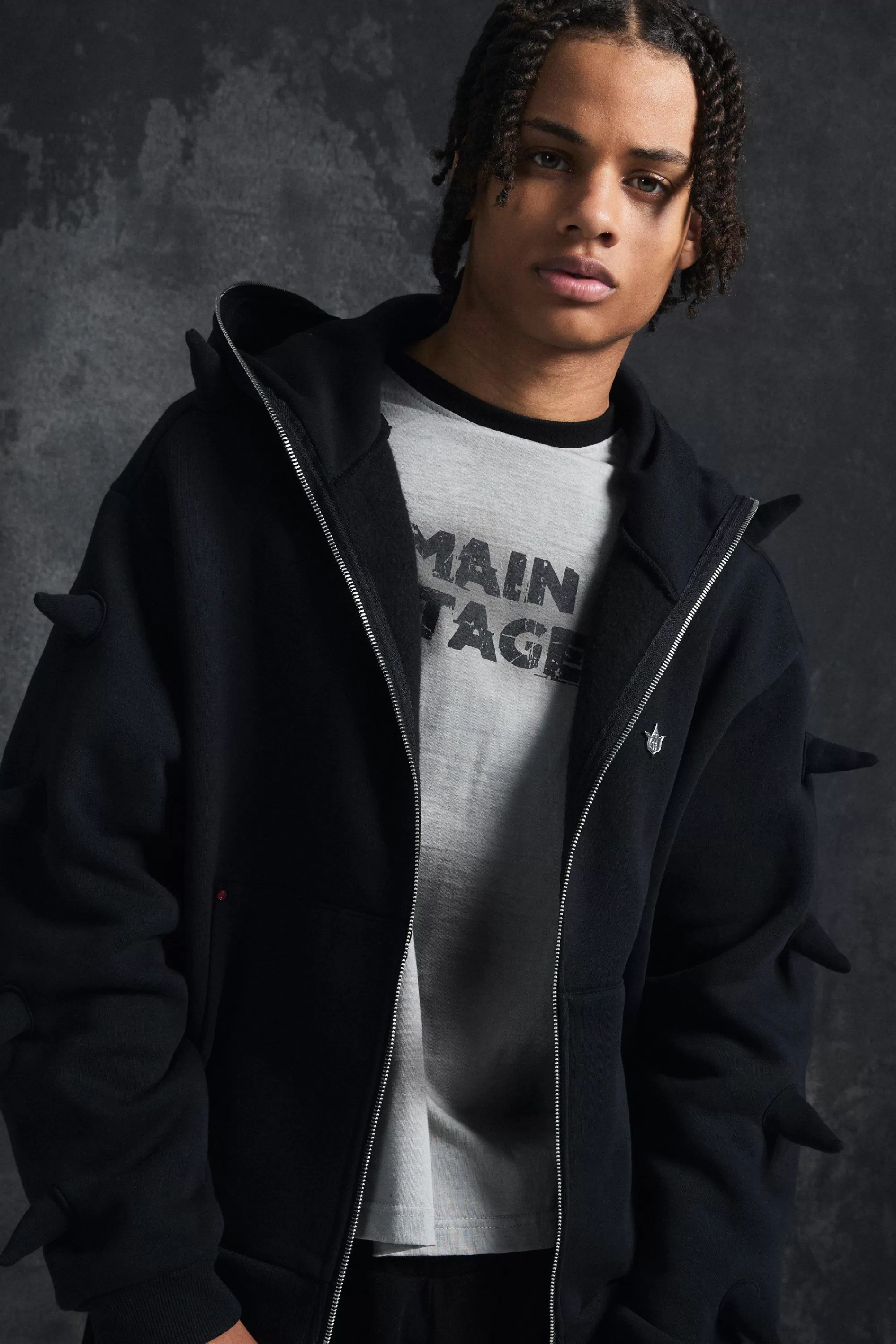 boohooMAN Trippie Redd Oversized Boxy Spike Full Zip Through Hoodie | UK