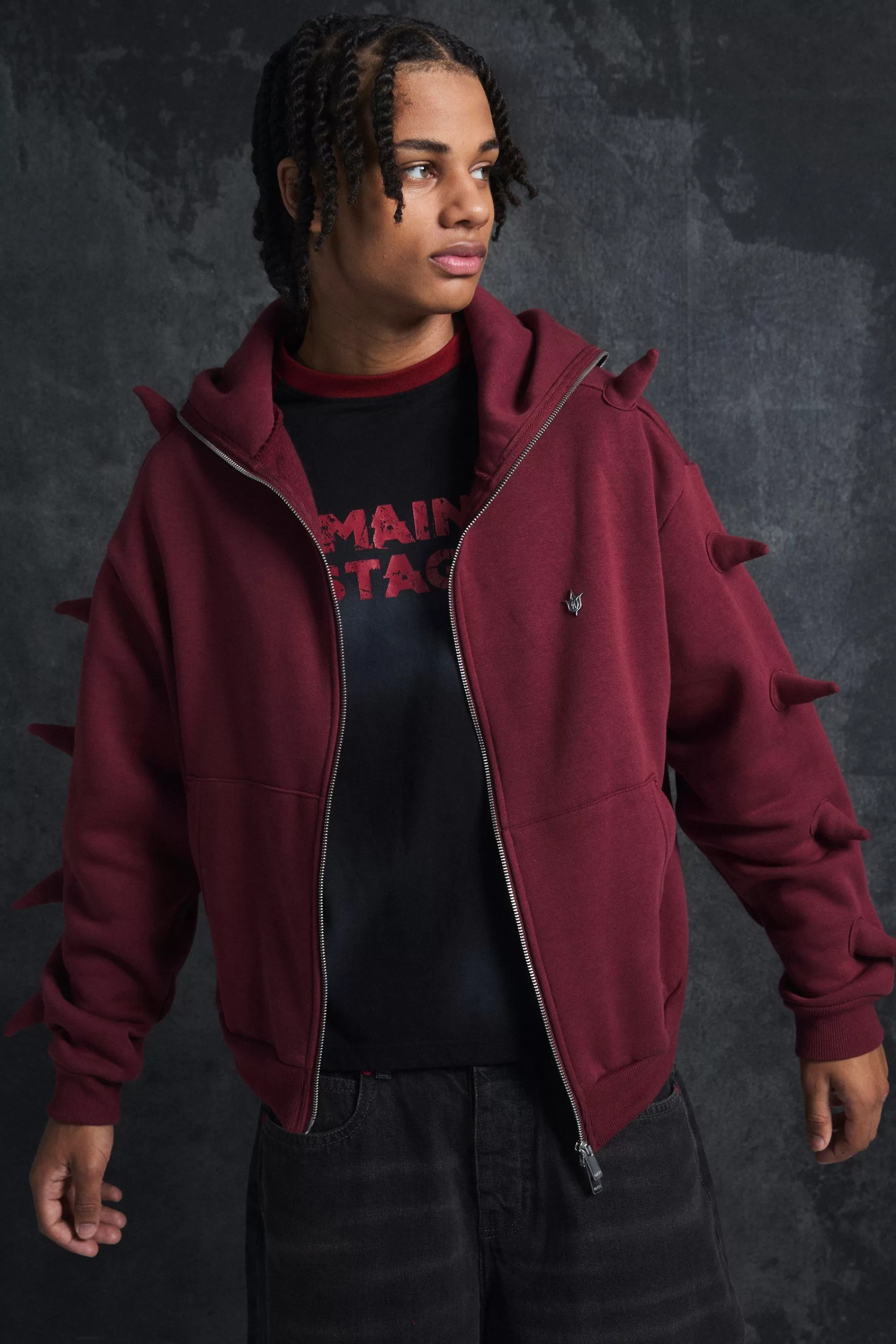 boohooMAN Trippie Redd Oversized Boxy Spike Full Zip Through Hoodie | UK