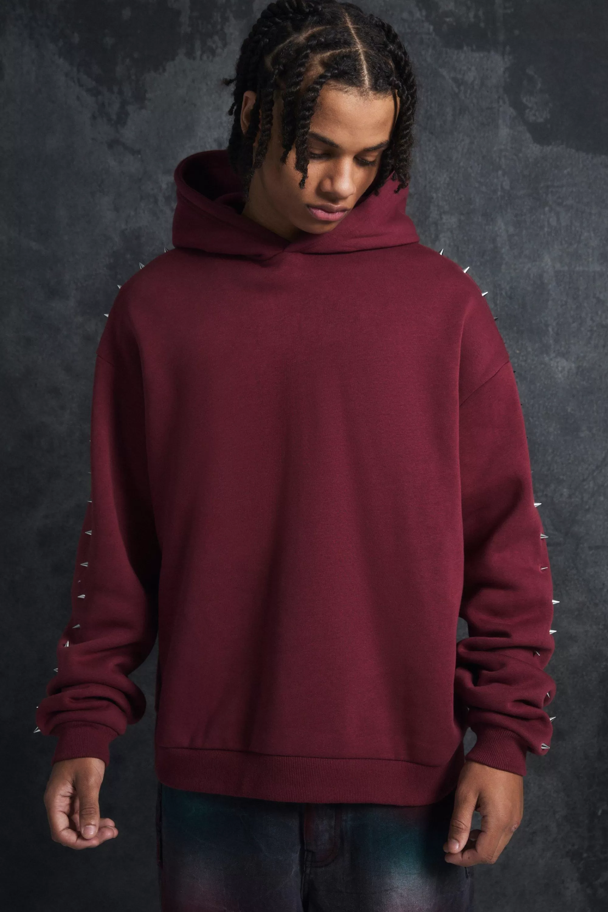 boohooMAN Trippie Redd Oversized Dropped Shoulder Metal Spike Hoodie | UK
