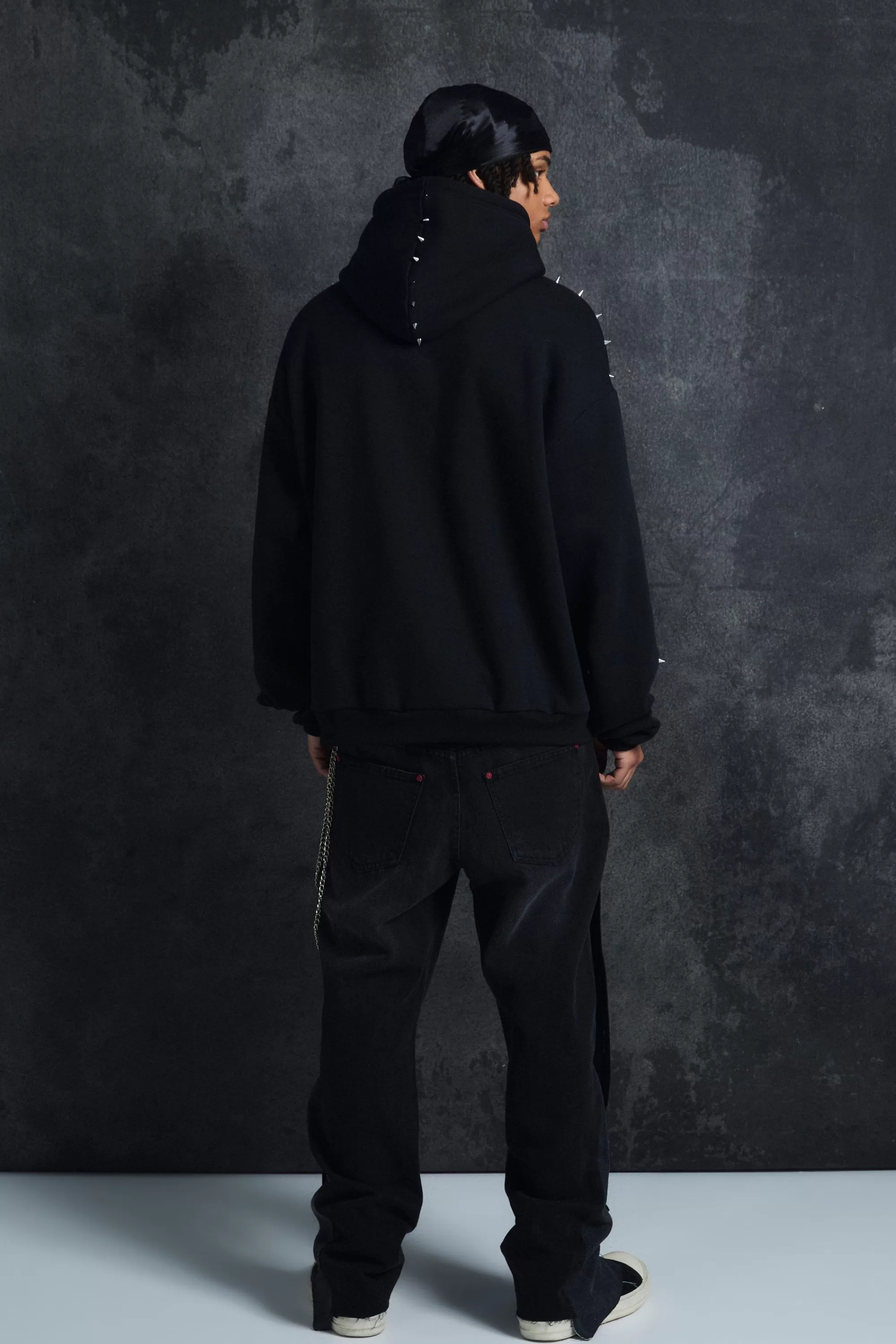 boohooMAN Trippie Redd Oversized Dropped Shoulder Metal Spike Hoodie | UK