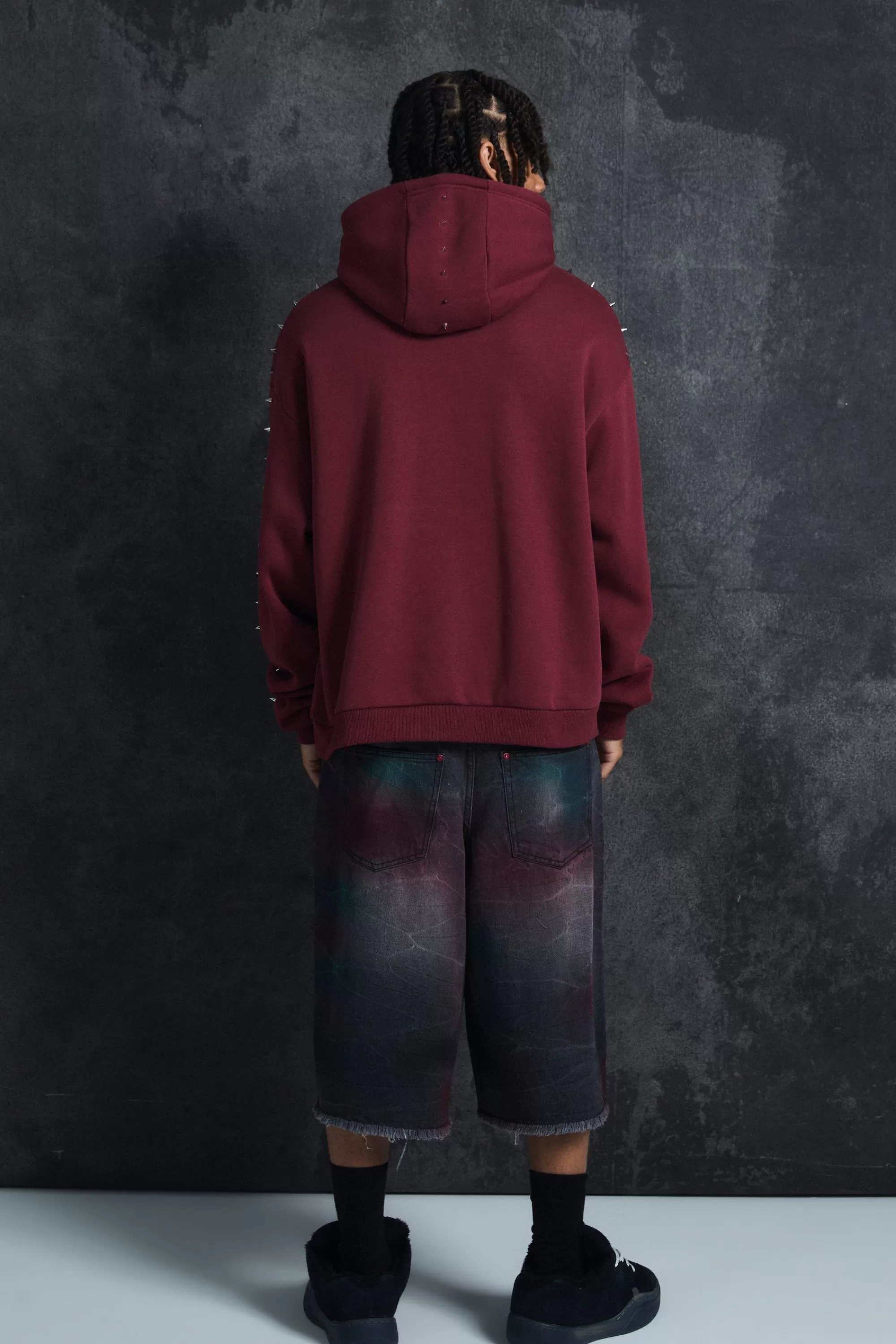 boohooMAN Trippie Redd Oversized Dropped Shoulder Metal Spike Hoodie | UK