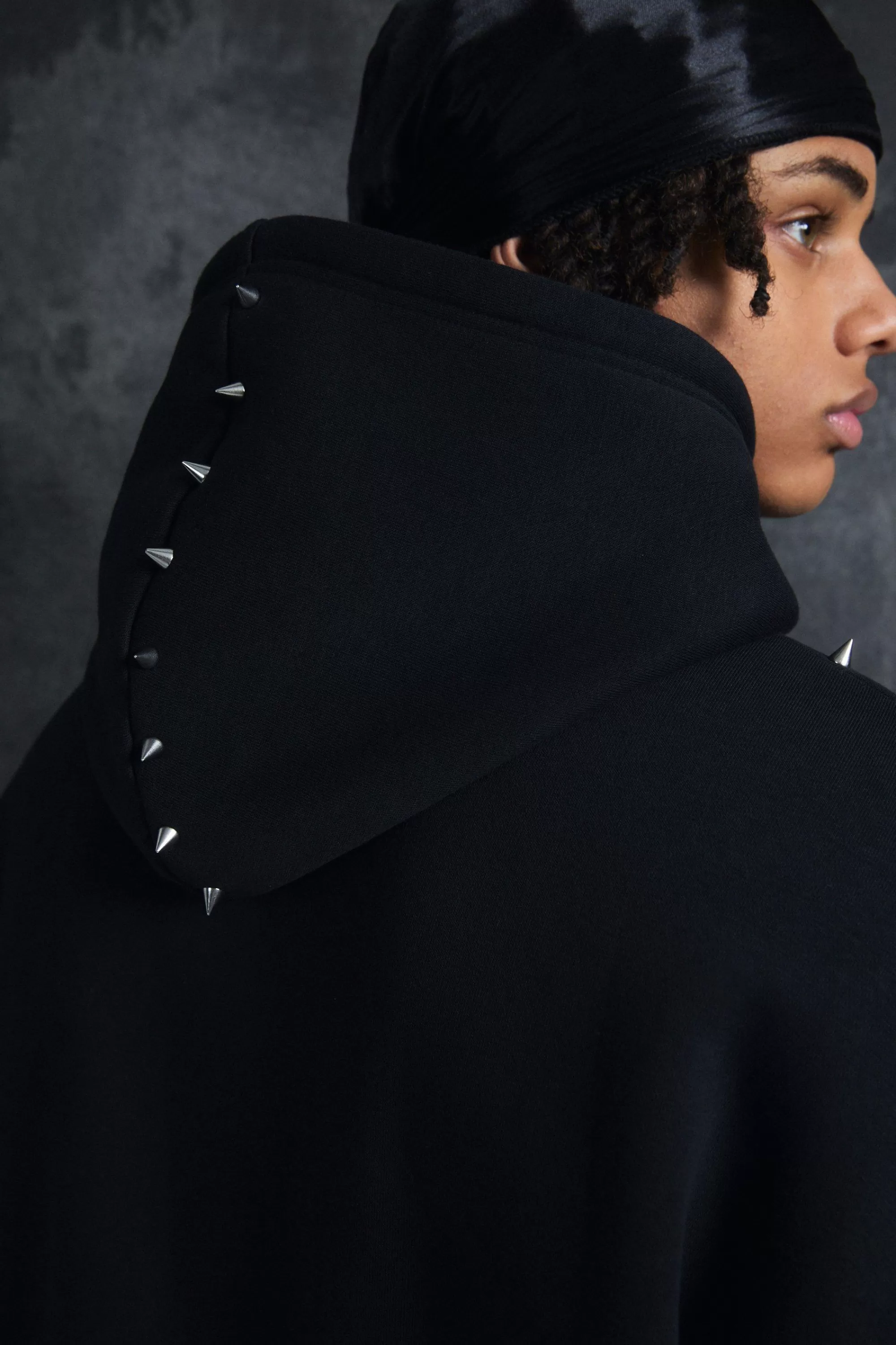 boohooMAN Trippie Redd Oversized Dropped Shoulder Metal Spike Hoodie | UK