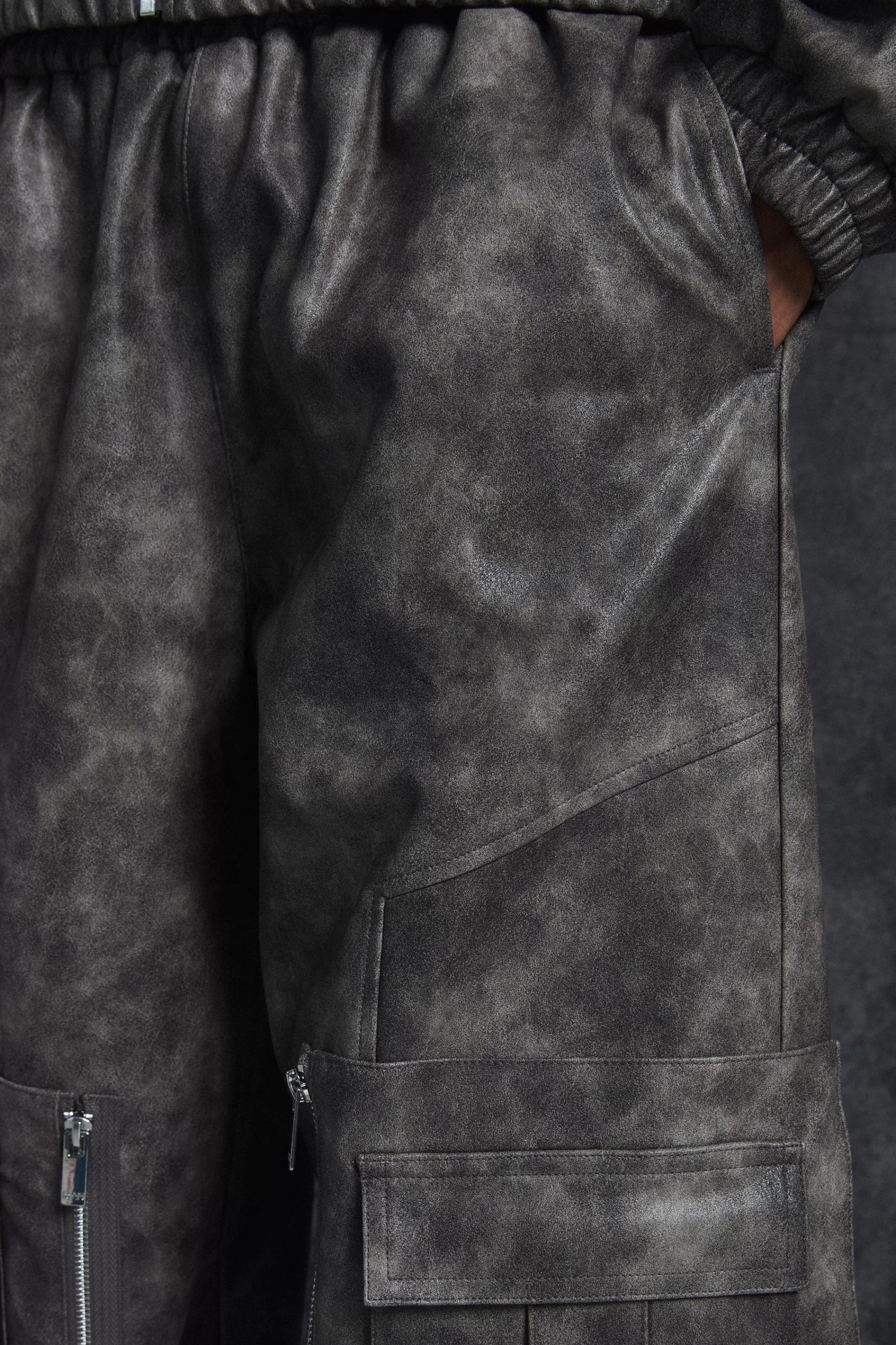 boohooMAN Trippie Redd Relaxed Faux Leather Elastic Waist Cargo Trouser | UK