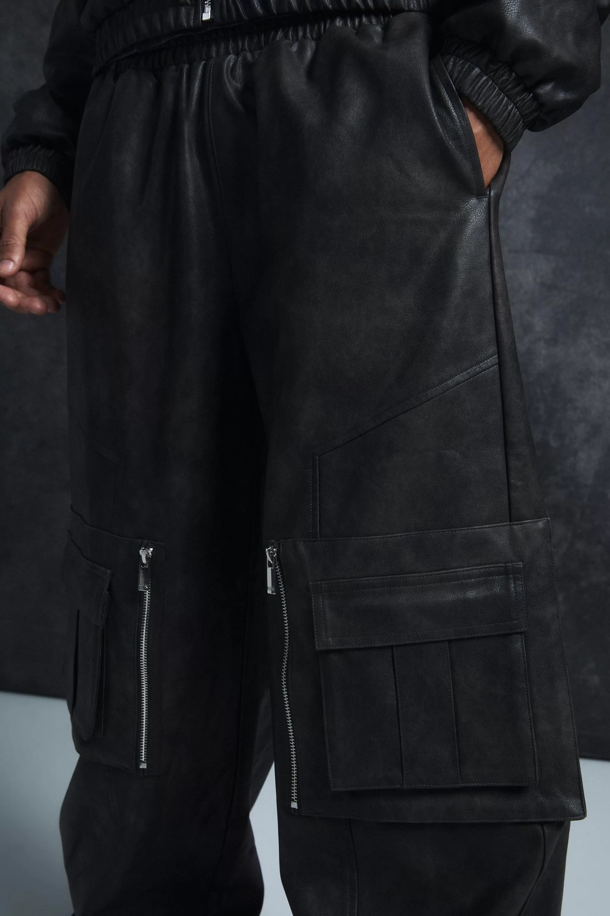 boohooMAN Trippie Redd Relaxed Faux Leather Elastic Waist Cargo Trouser | UK