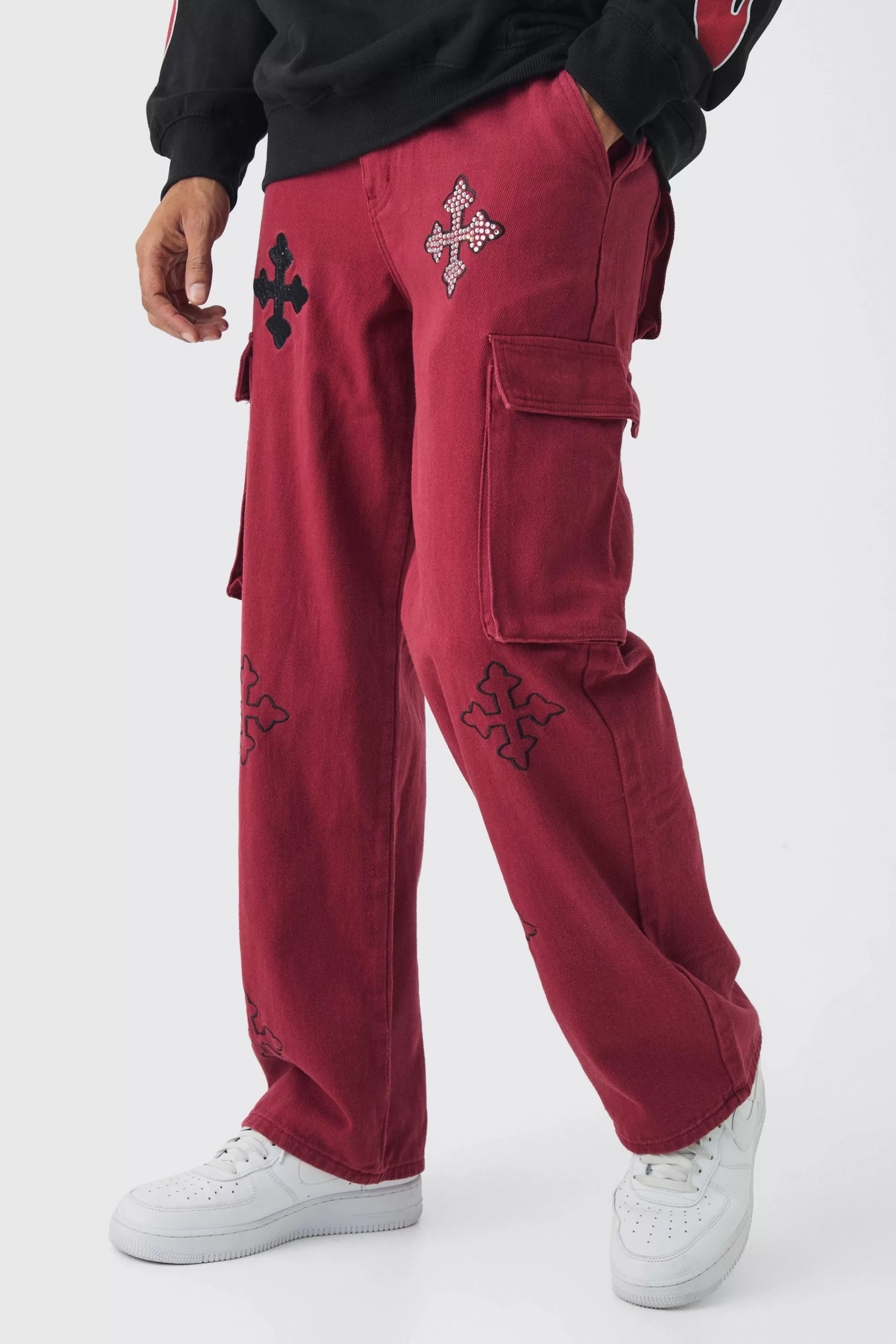 boohooMAN Twill Fixed Waist Relaxed Cross Applique Cargo Trousers | UK