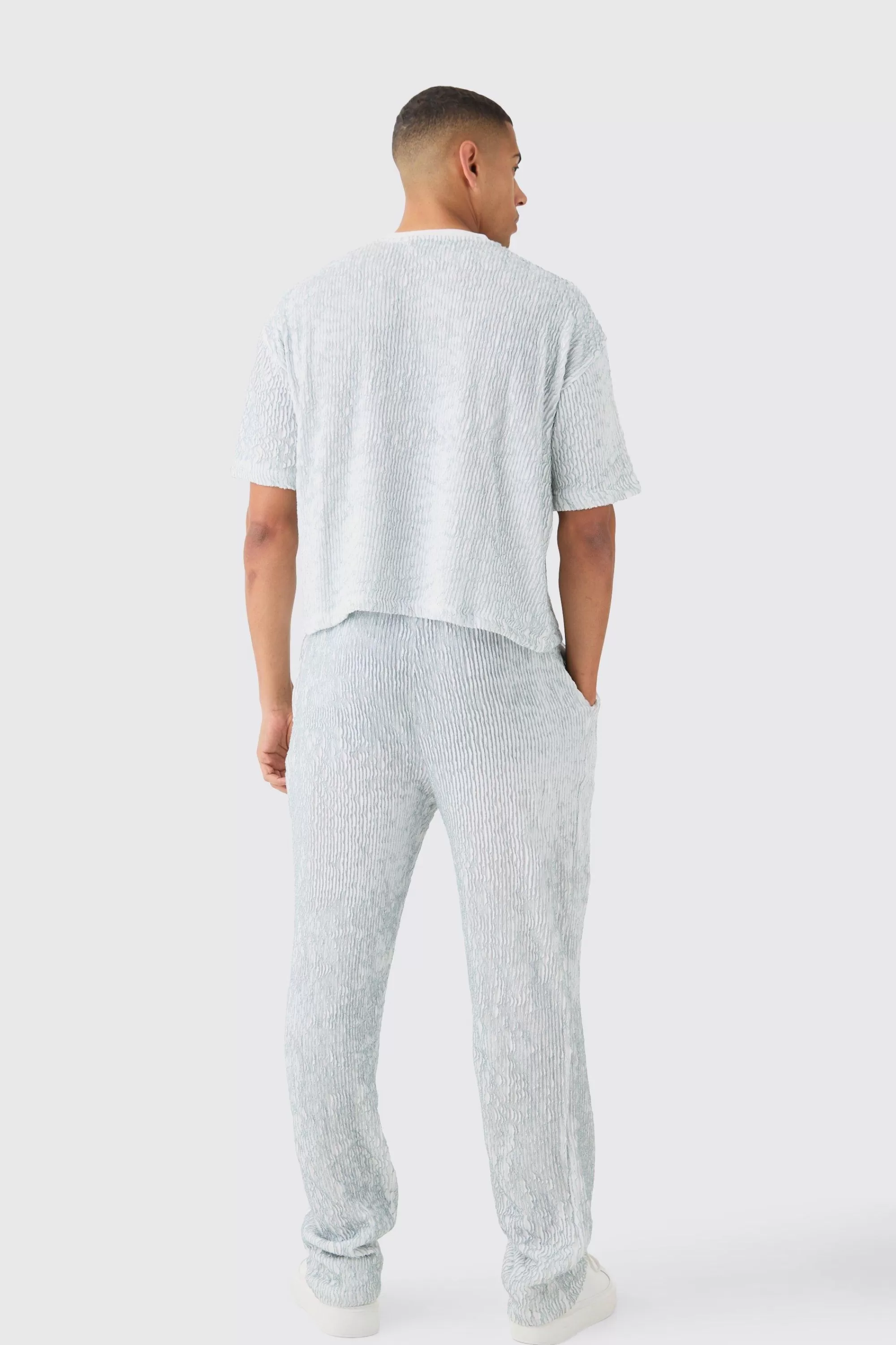 boohooMAN Two Tone Boxy Ripple Pleated T-shirt & Trouser | UK