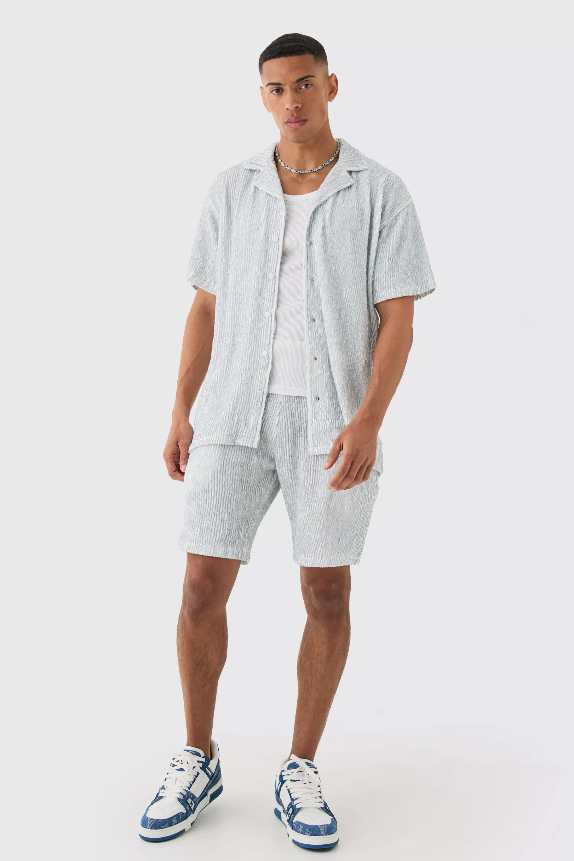boohooMAN Two Tone Oversized Ripple Pleated Shirt And Short Set | UK