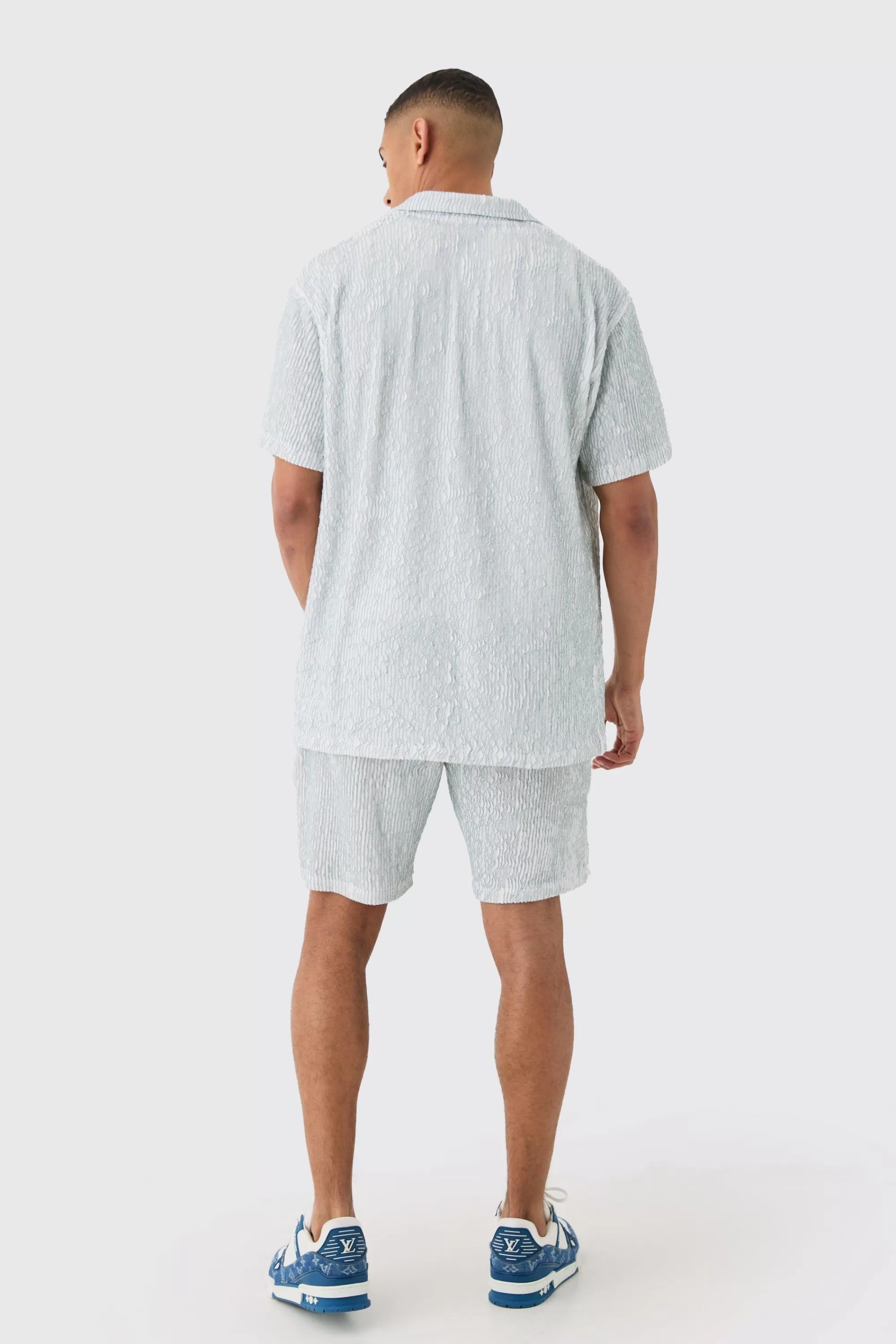 boohooMAN Two Tone Oversized Ripple Pleated Shirt And Short Set | UK