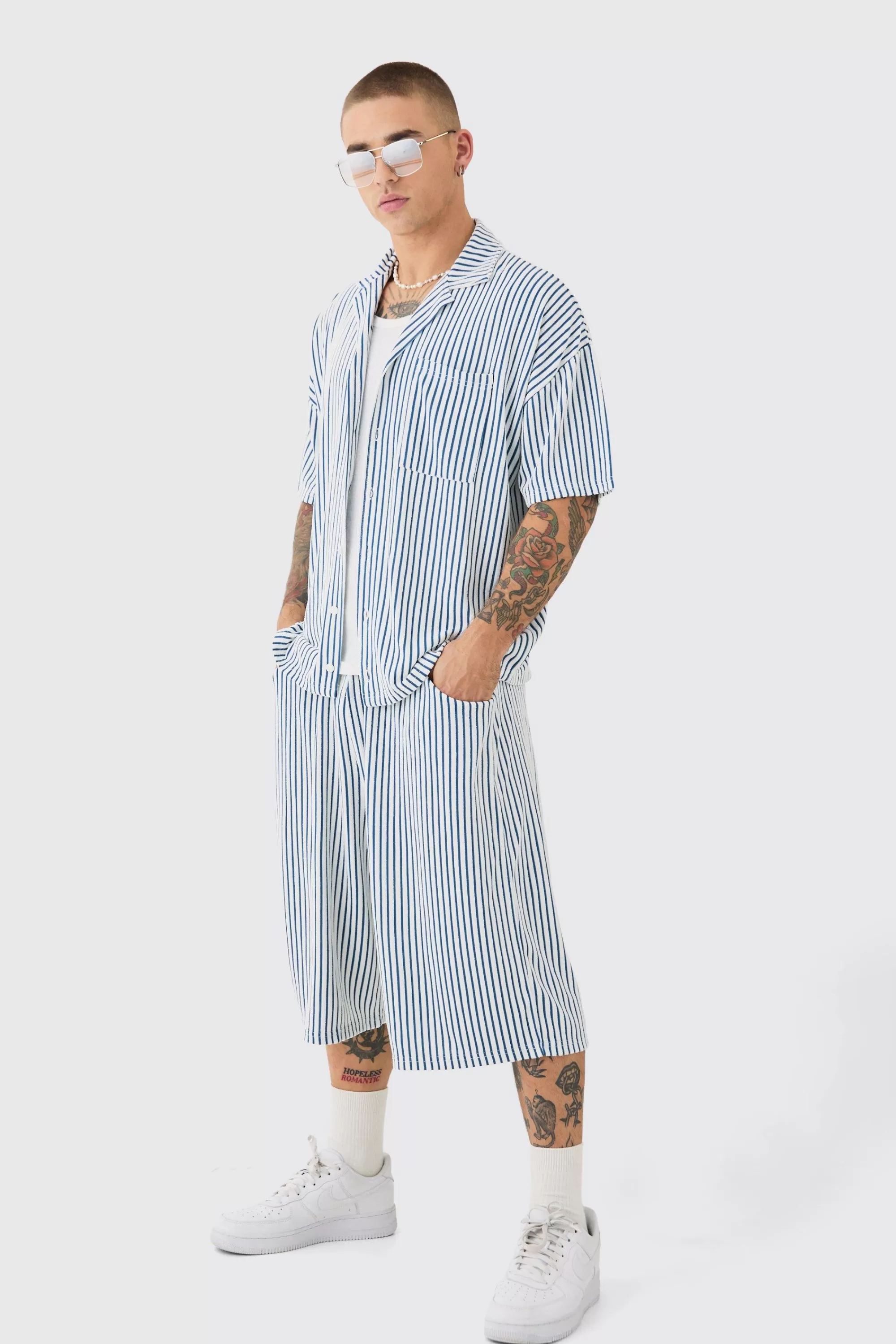 boohooMAN Two Tone Towelling Boxy Shirt And Short Set | UK