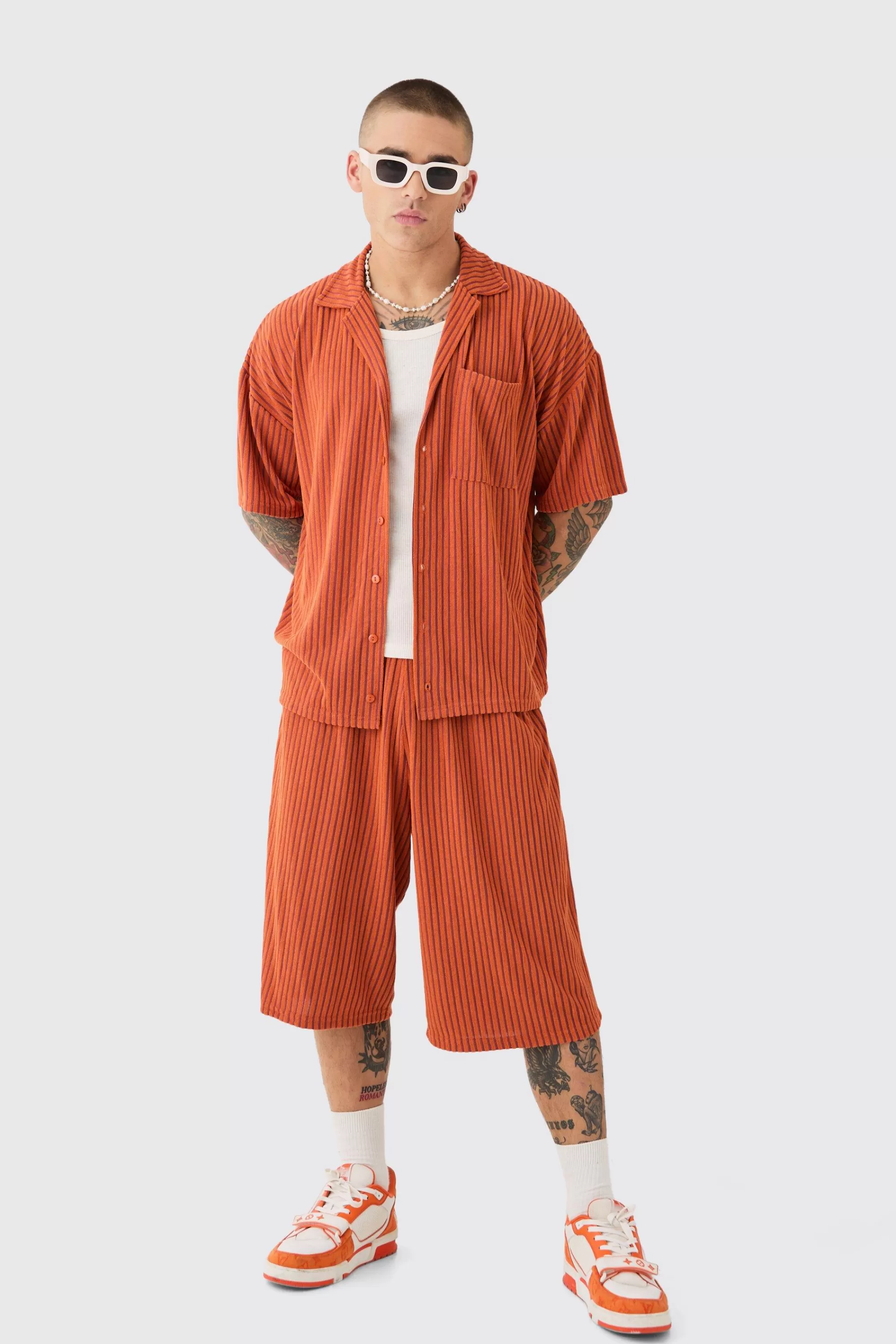 boohooMAN Two Tone Towelling Boxy Shirt And Short Set | UK