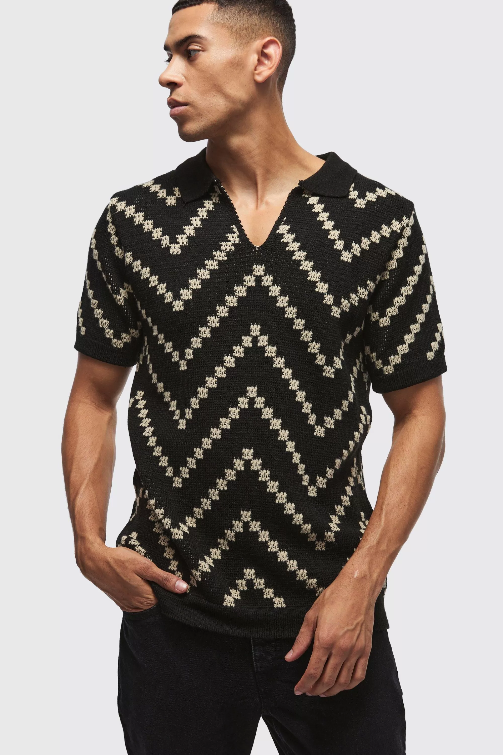 boohooMAN V Neck Stripe Knit Polo | UK