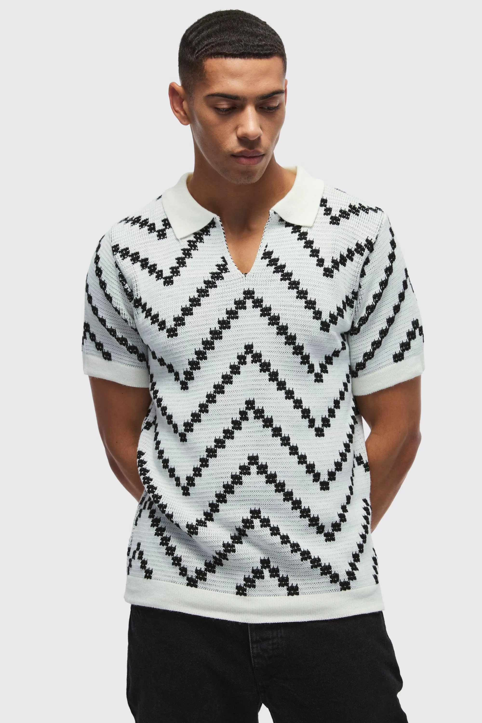 boohooMAN V Neck Stripe Knit Polo | UK