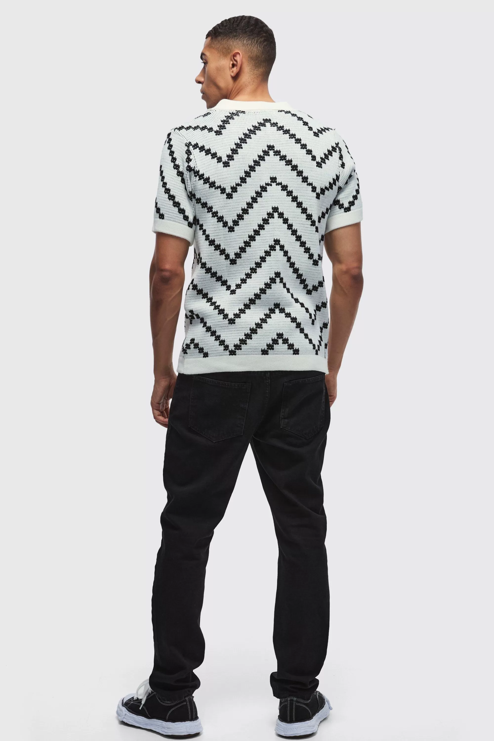 boohooMAN V Neck Stripe Knit Polo | UK